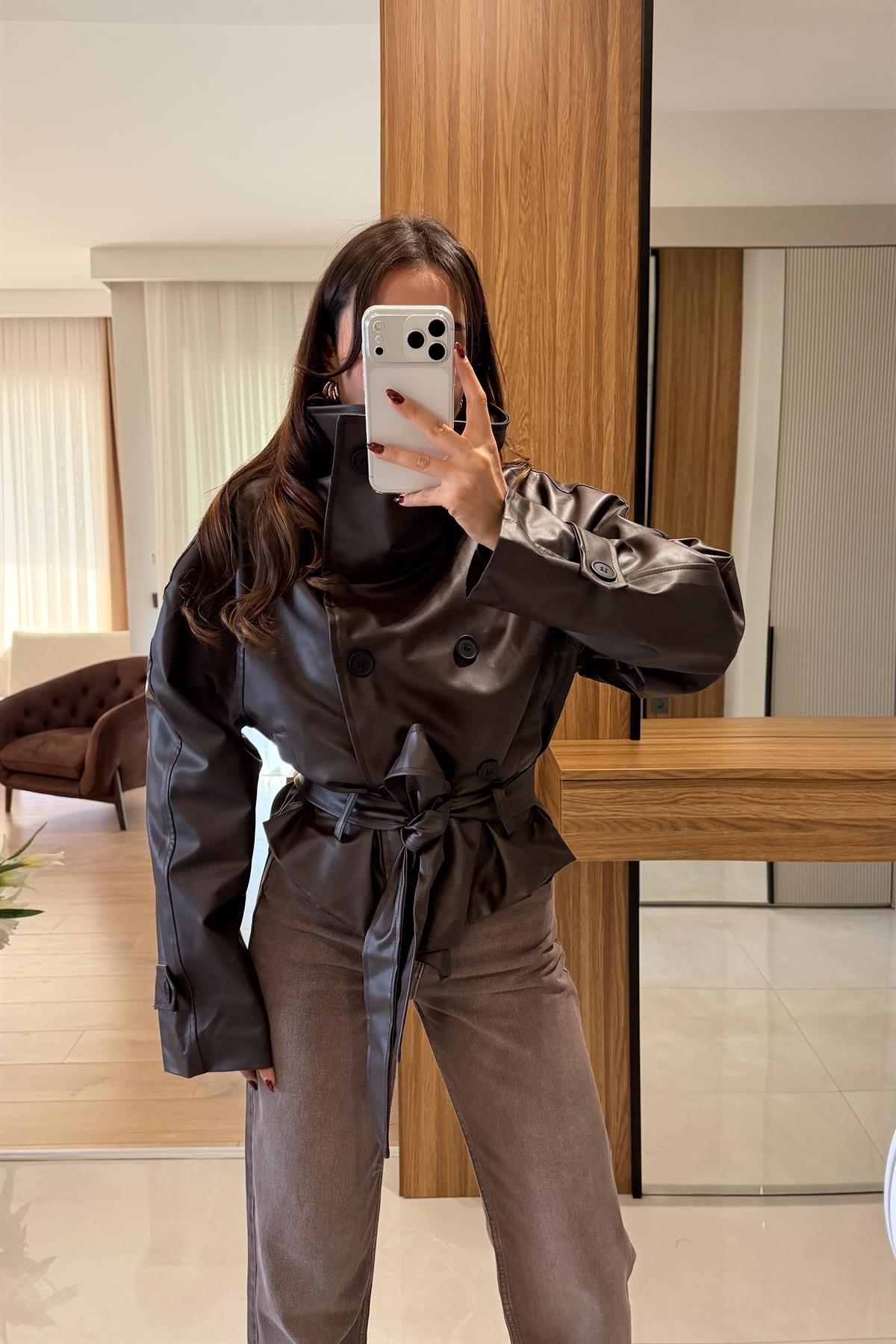 Evans Kahve Deri Dik Yaka Ceket