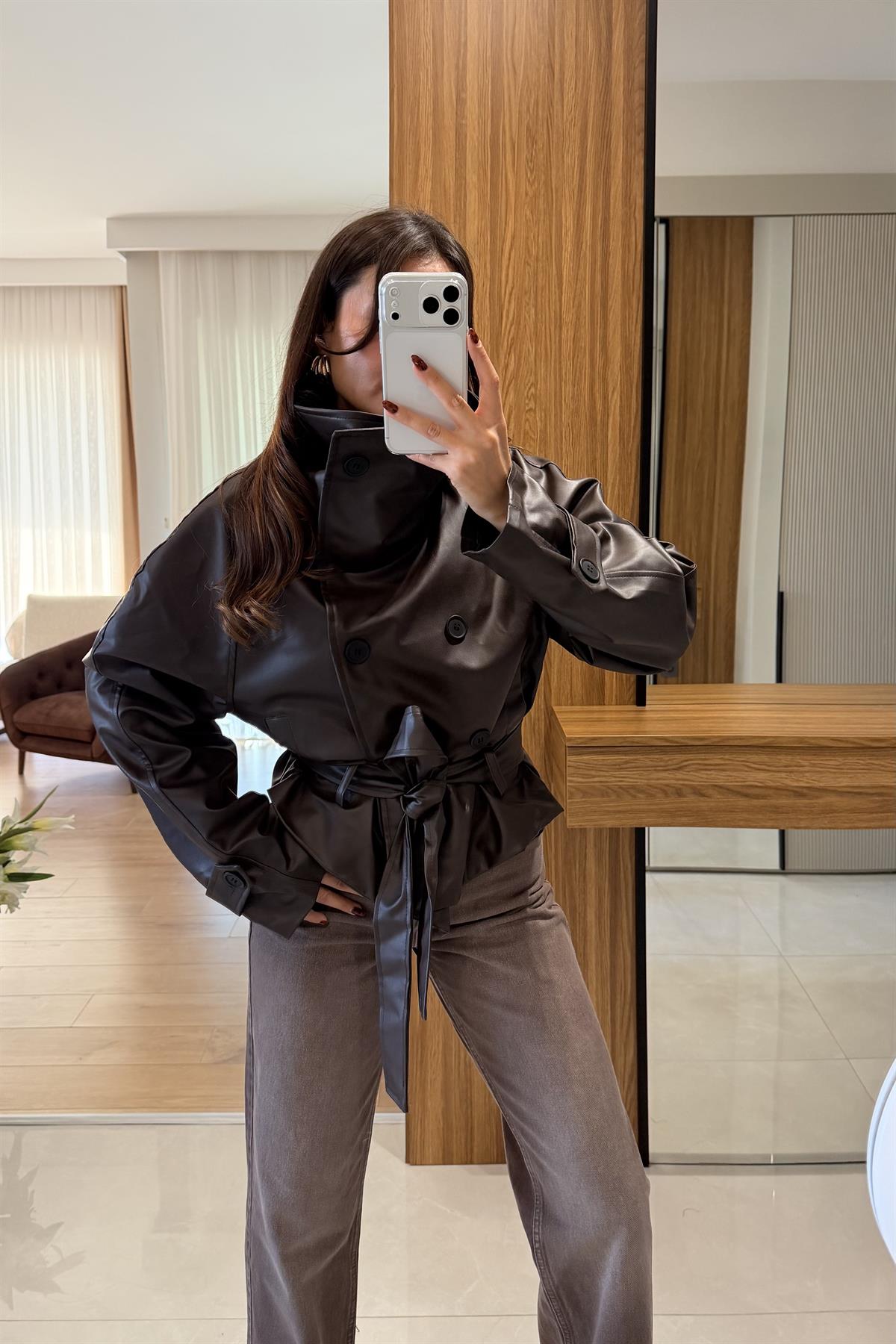 Evans Kahve Deri Dik Yaka Ceket