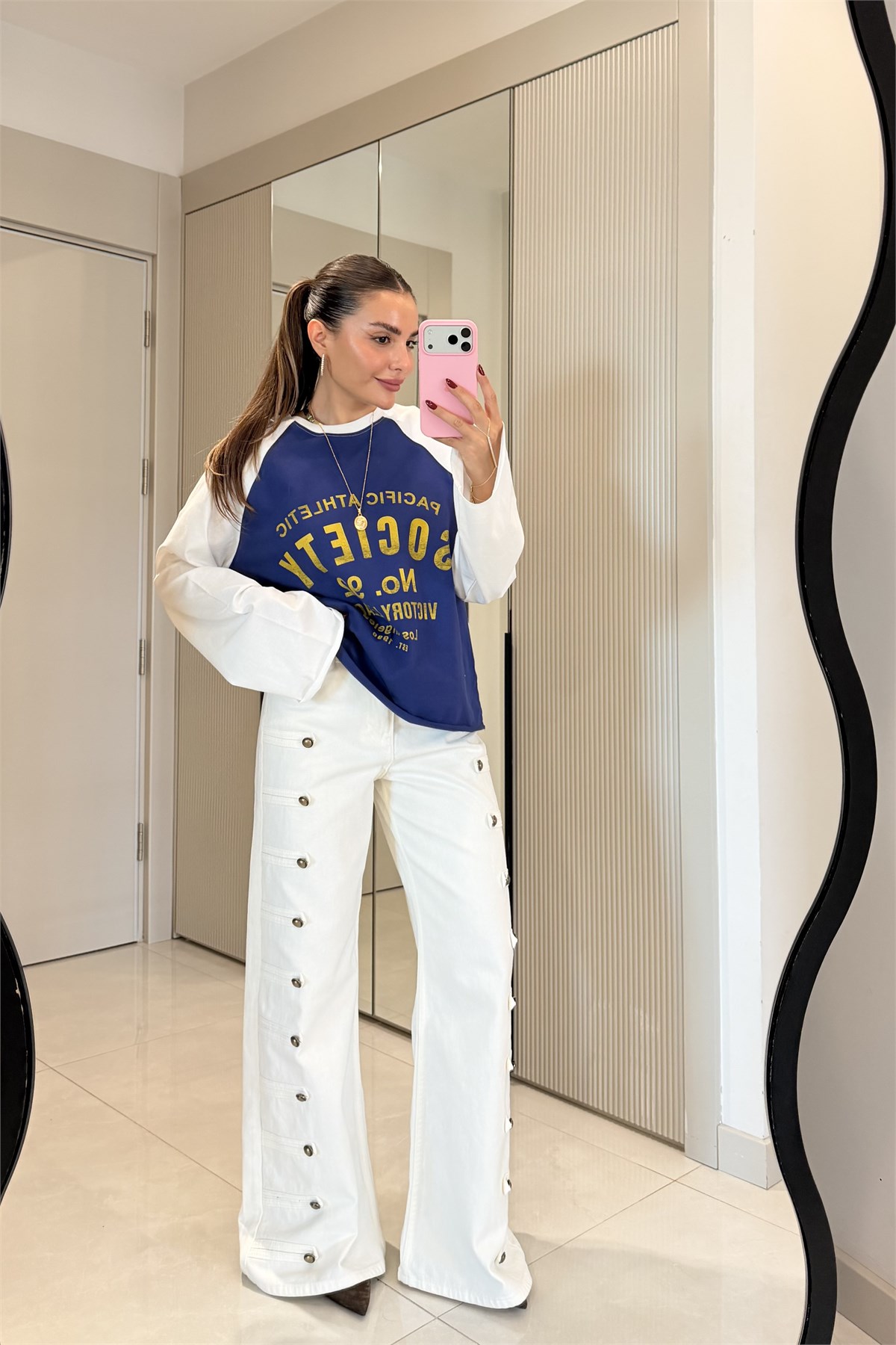 Evelyn Beyaz Apoletli Palazzo Pantolon