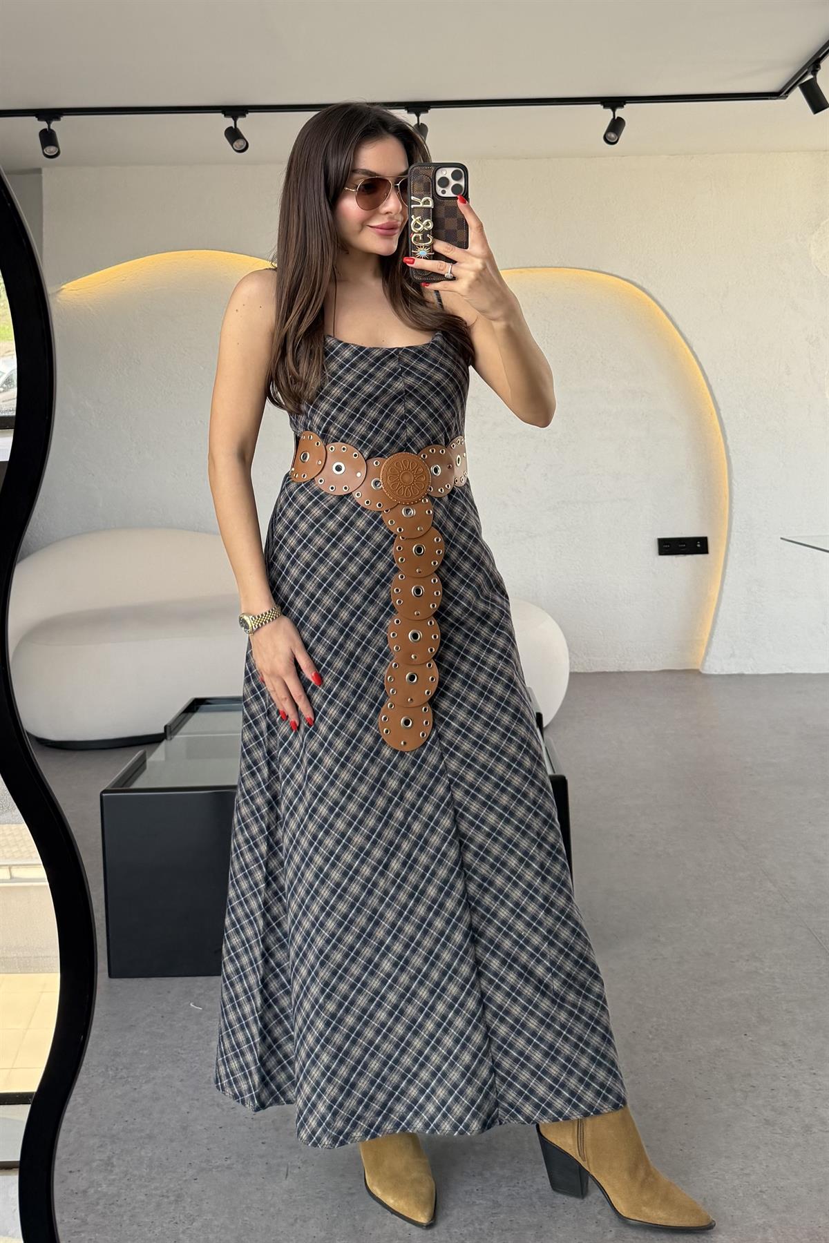 Exotic Ekose Desen İnce Askılı Maxi Elbise