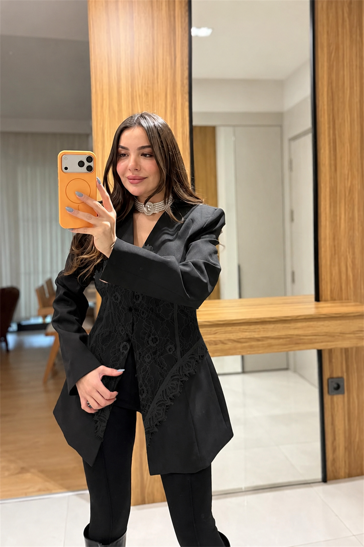 Fabelle Siyah Dantel Detaylı Blazer Ceket