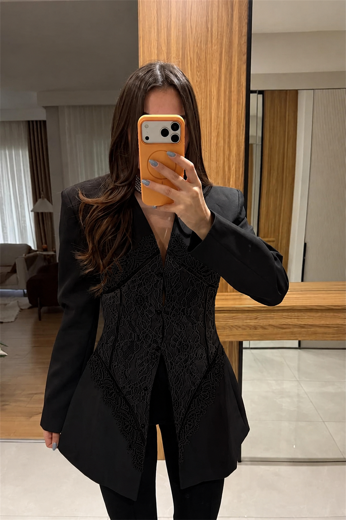 Fabelle Siyah Dantel Detaylı Blazer Ceket