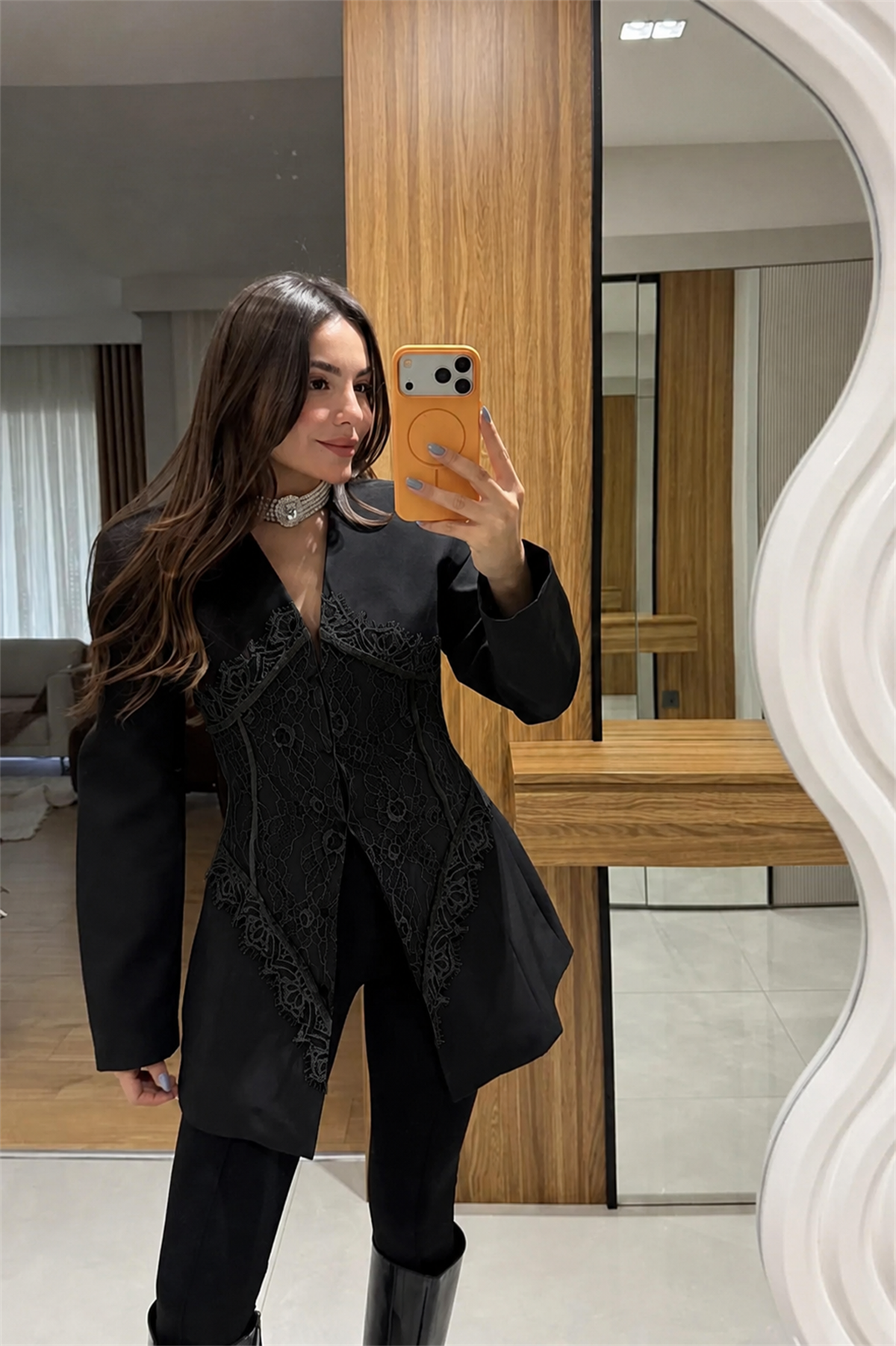 Fabelle Siyah Dantel Detaylı Blazer Ceket