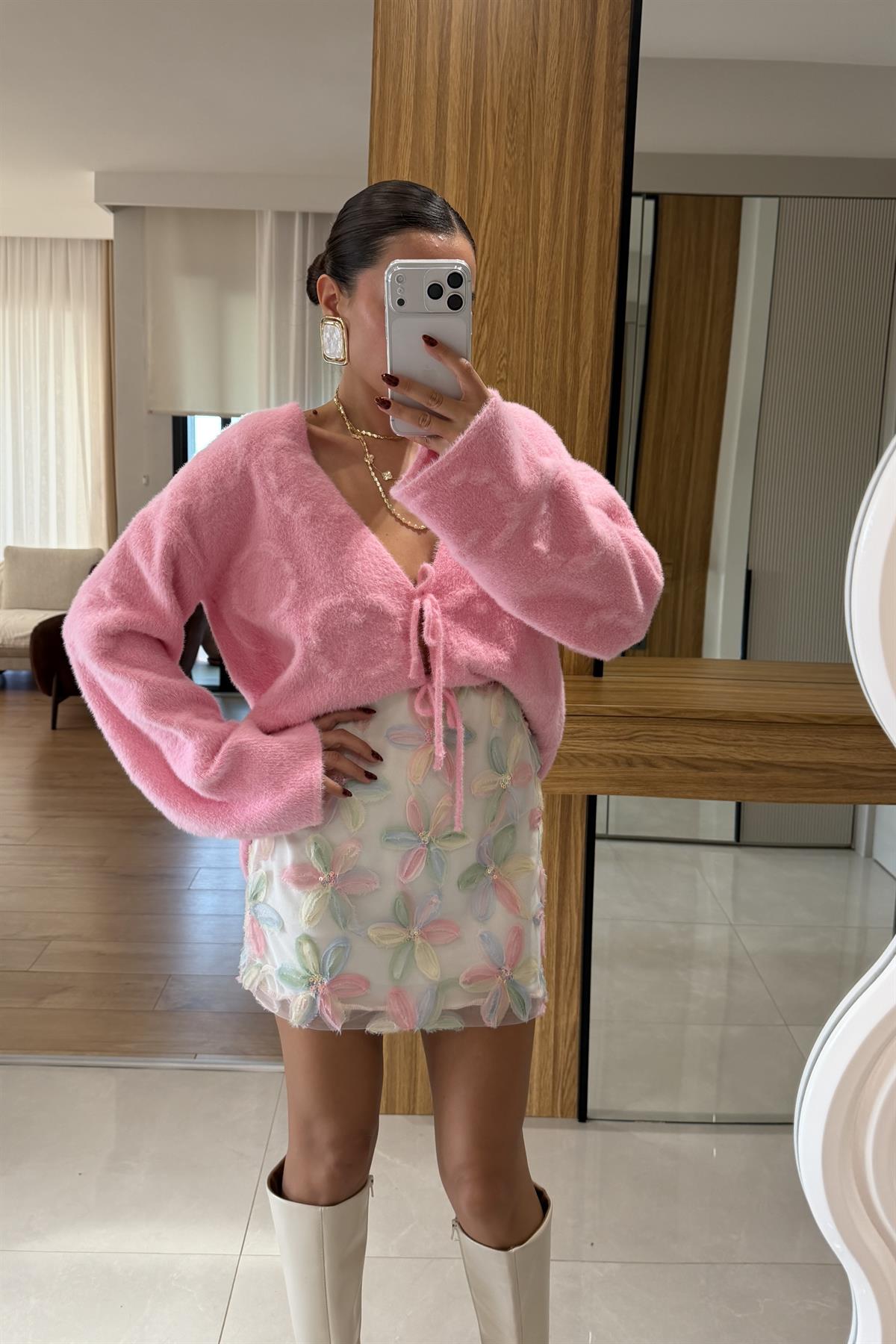 Famax Pembe Çiçek Kabartma Etek