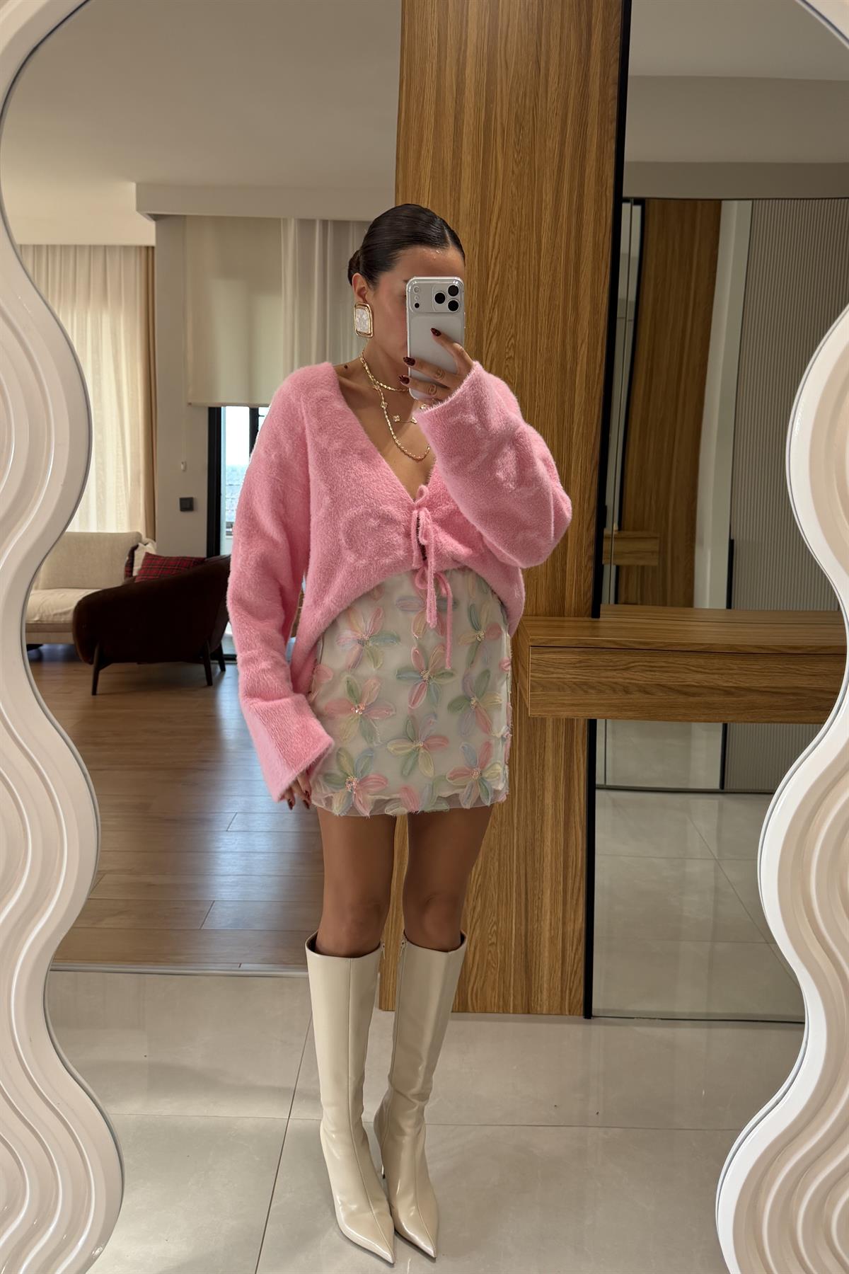 Famax Pembe Çiçek Kabartma Etek