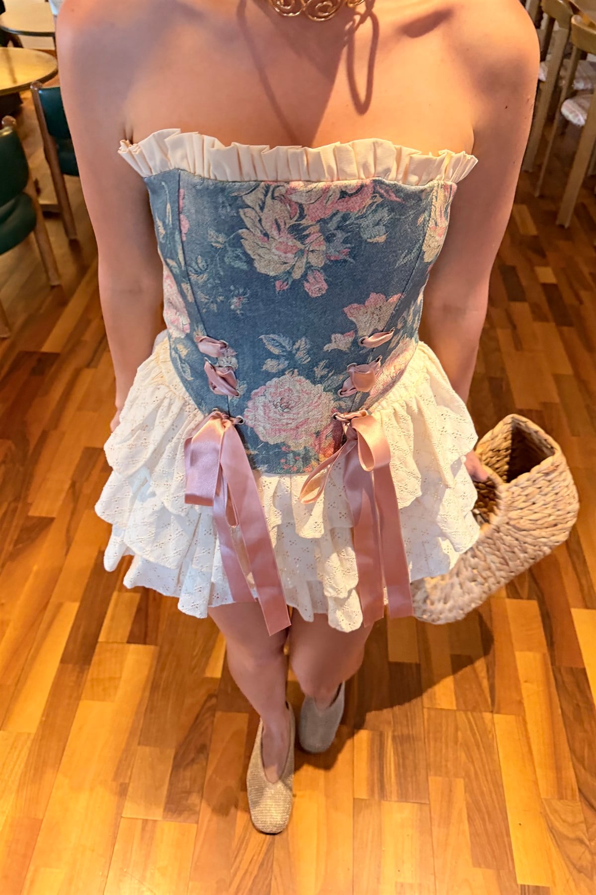 Faralya Pembe Desenli Vintage Korse Büstiyer