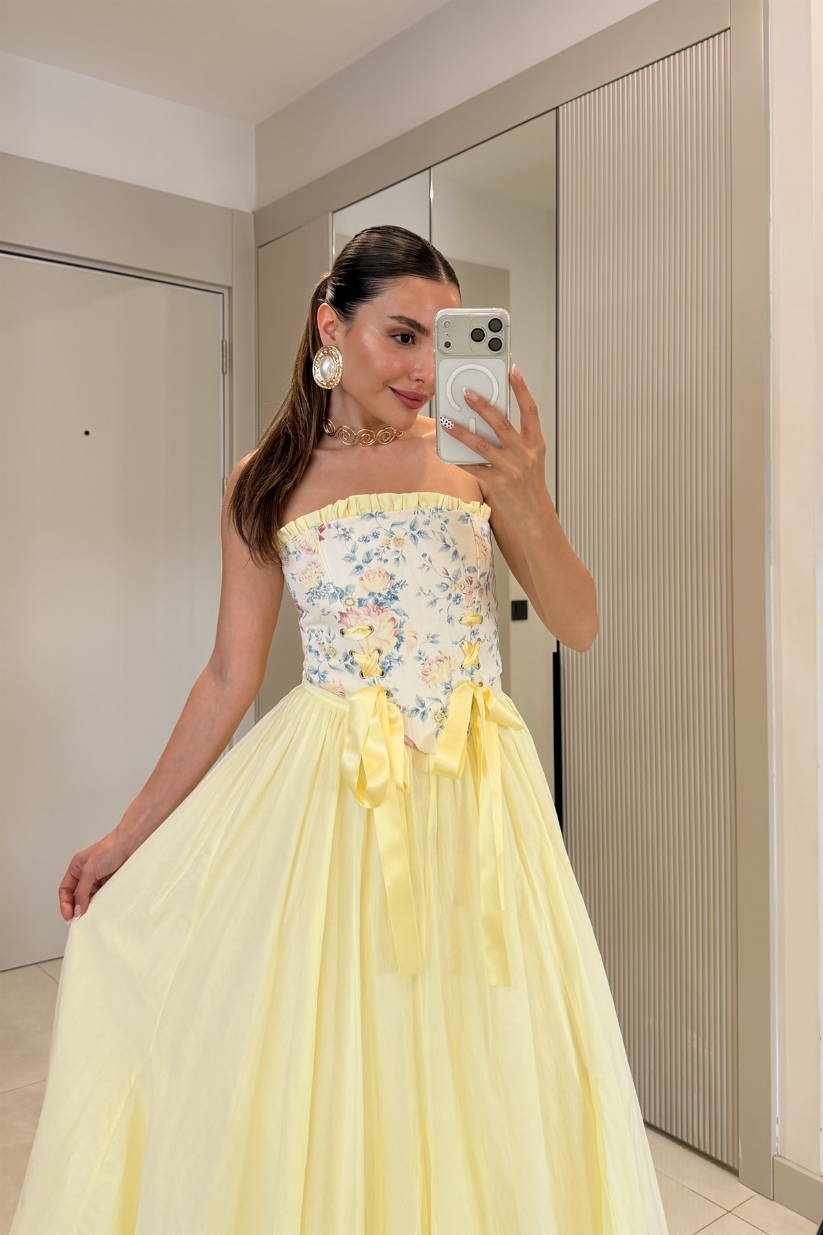 Faralya Sarı Desenli Vintage Korse Büstiyer