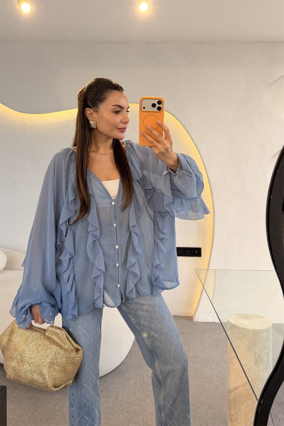 Farley Mavi Fırfırlı Yarı Transparan Gömlek