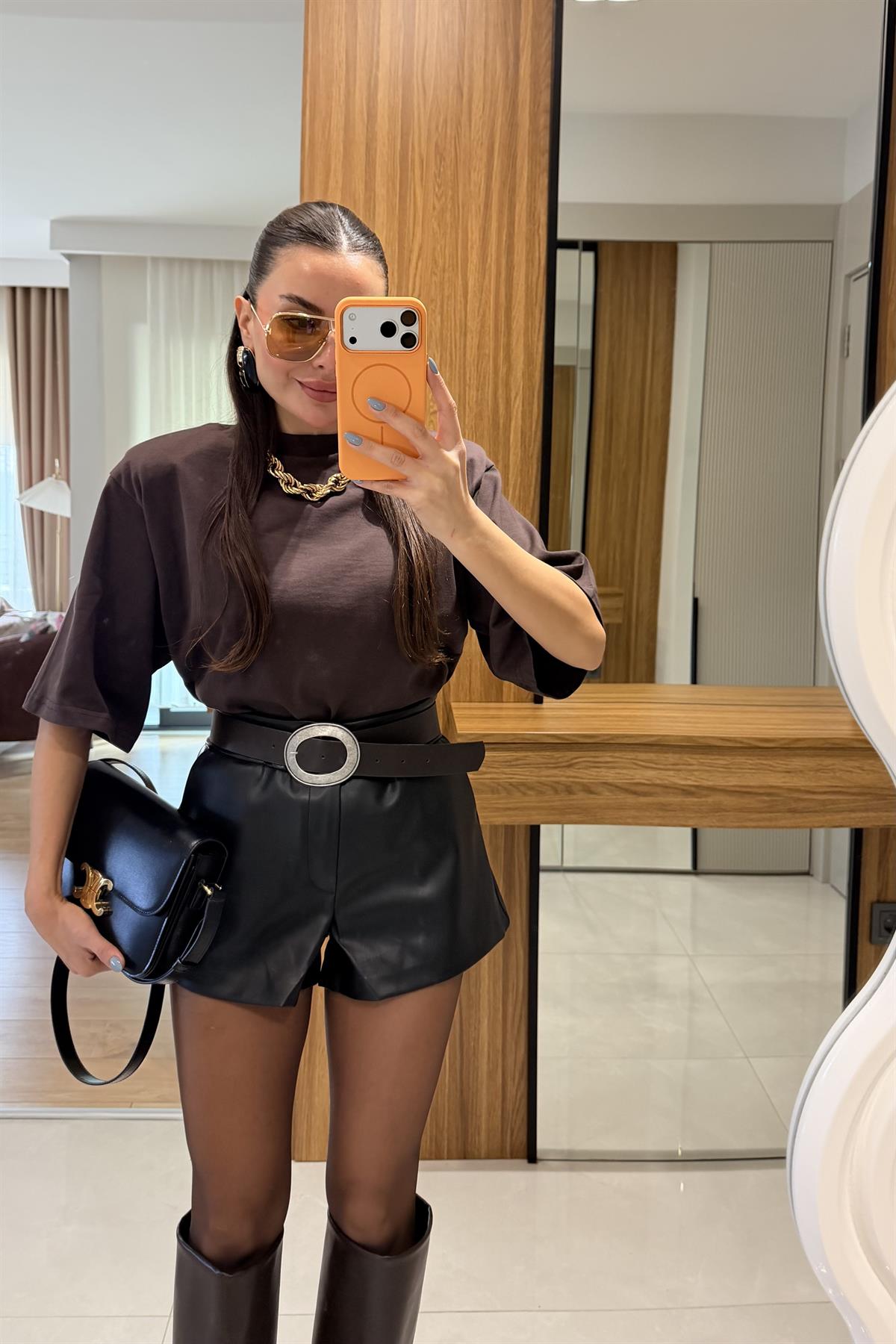 Fayme Siyah Deri Şort 