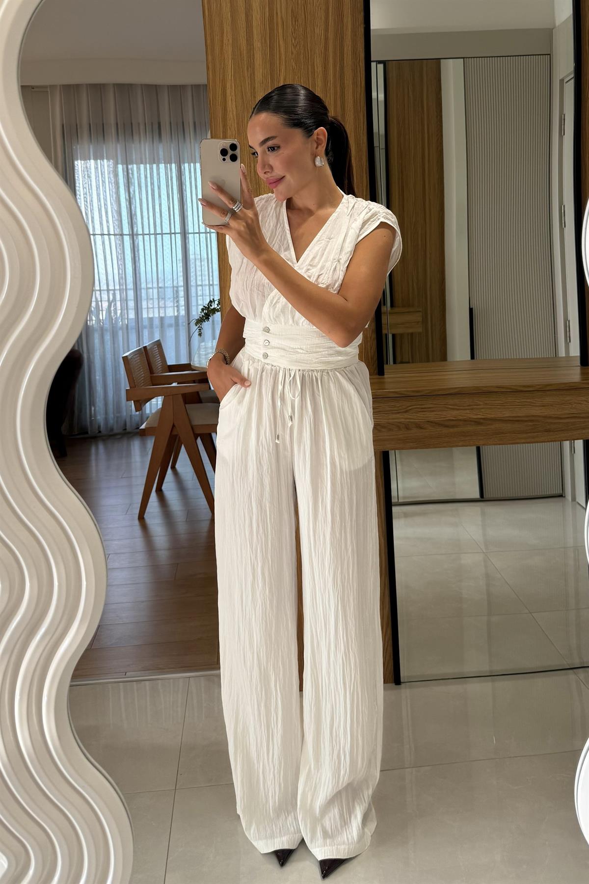 Fayora Ekru Kırışık Görünümlü Beli Lastikli Pantolon