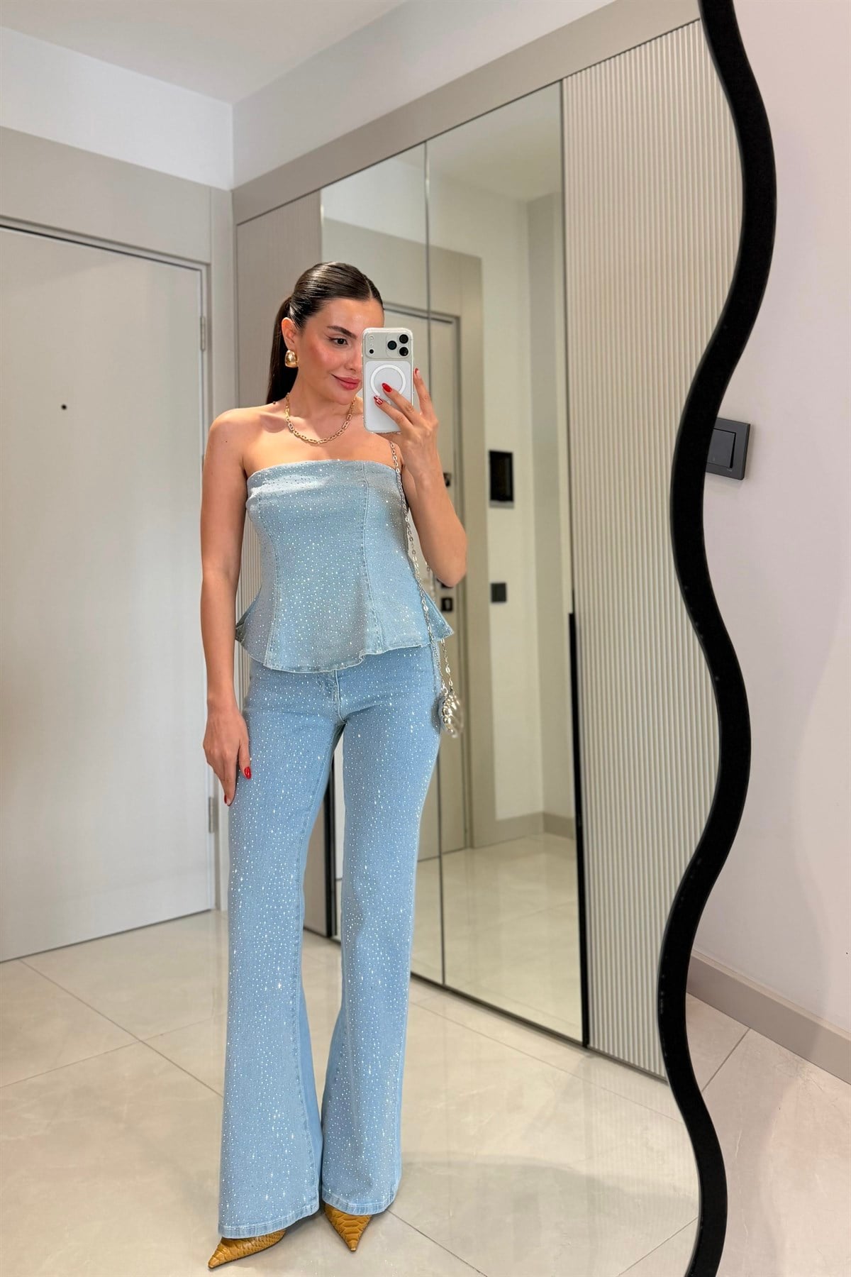 Fayra Lightblue Taşlı Denim Takım