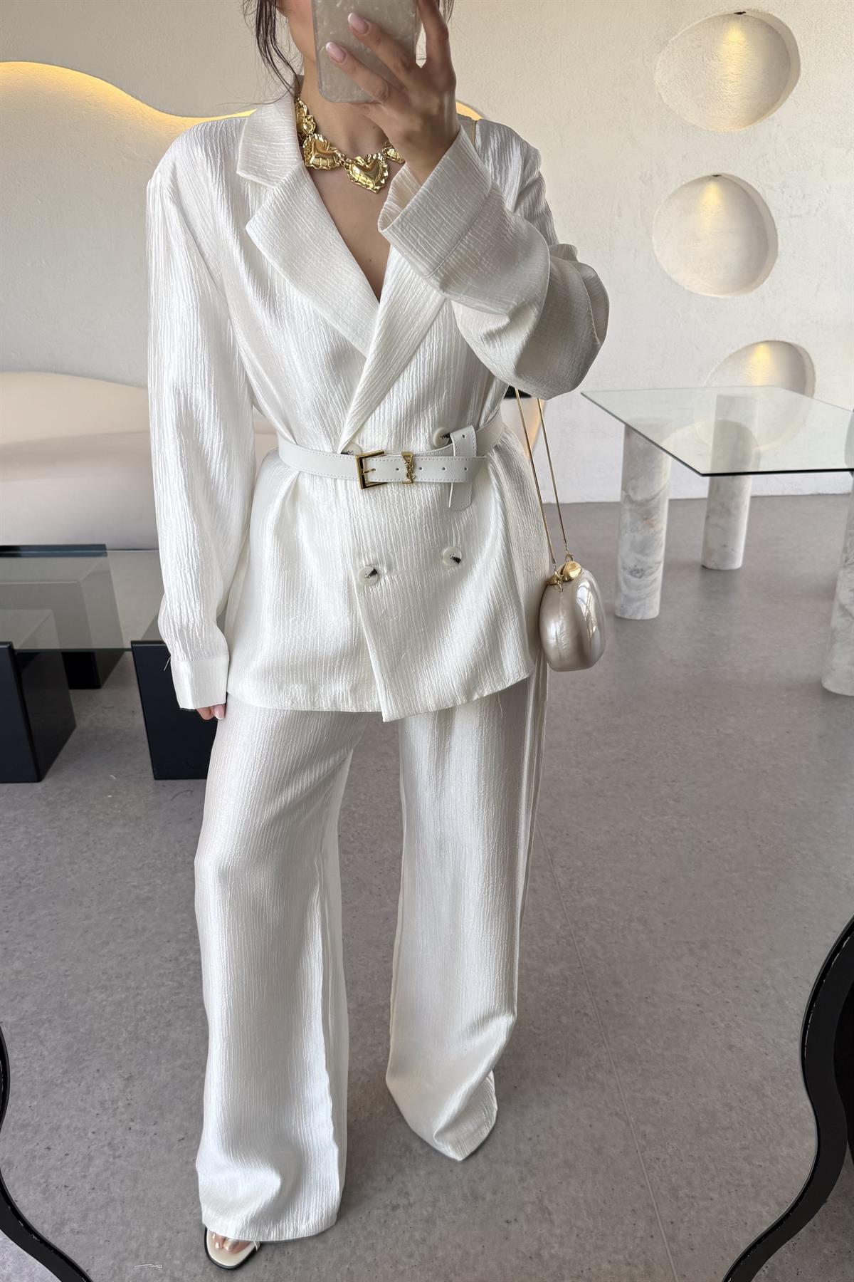 Federica Beyaz Kırışık Kumaş Premium Pantolon