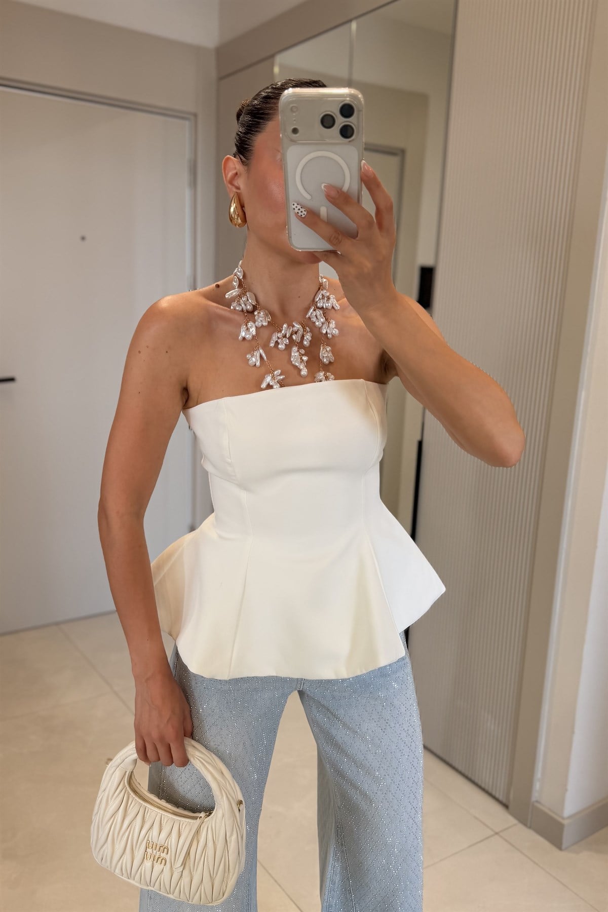 Federica Beyaz Straplez Peplum Büstiyer