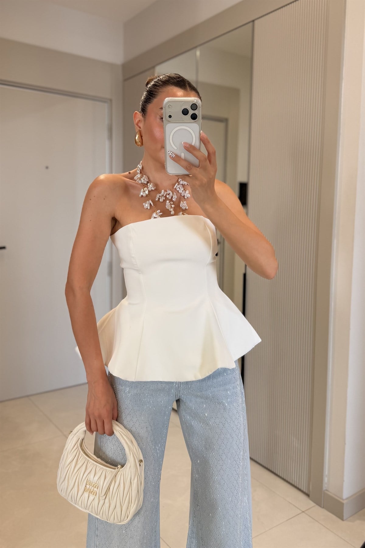 Federica Beyaz Straplez Peplum Büstiyer