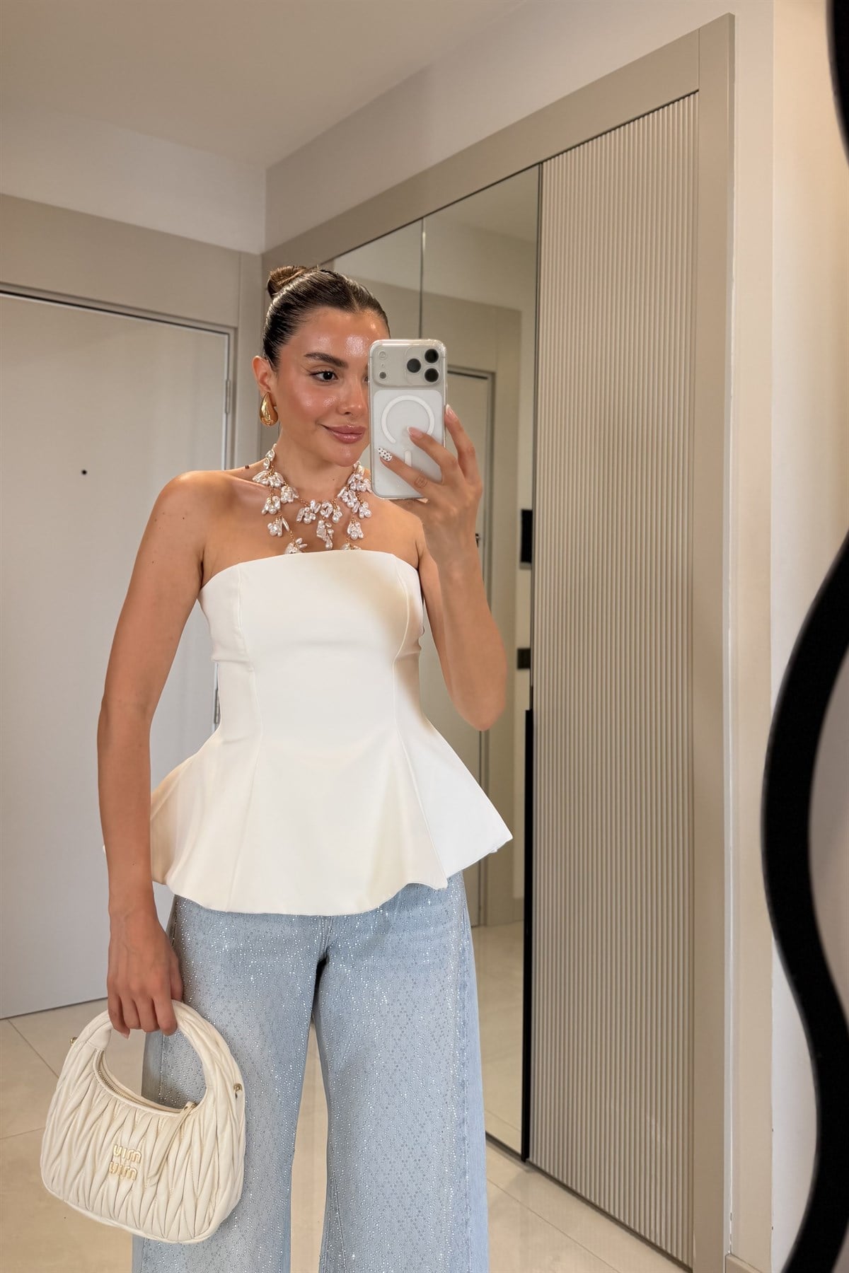 Federica Beyaz Straplez Peplum Büstiyer