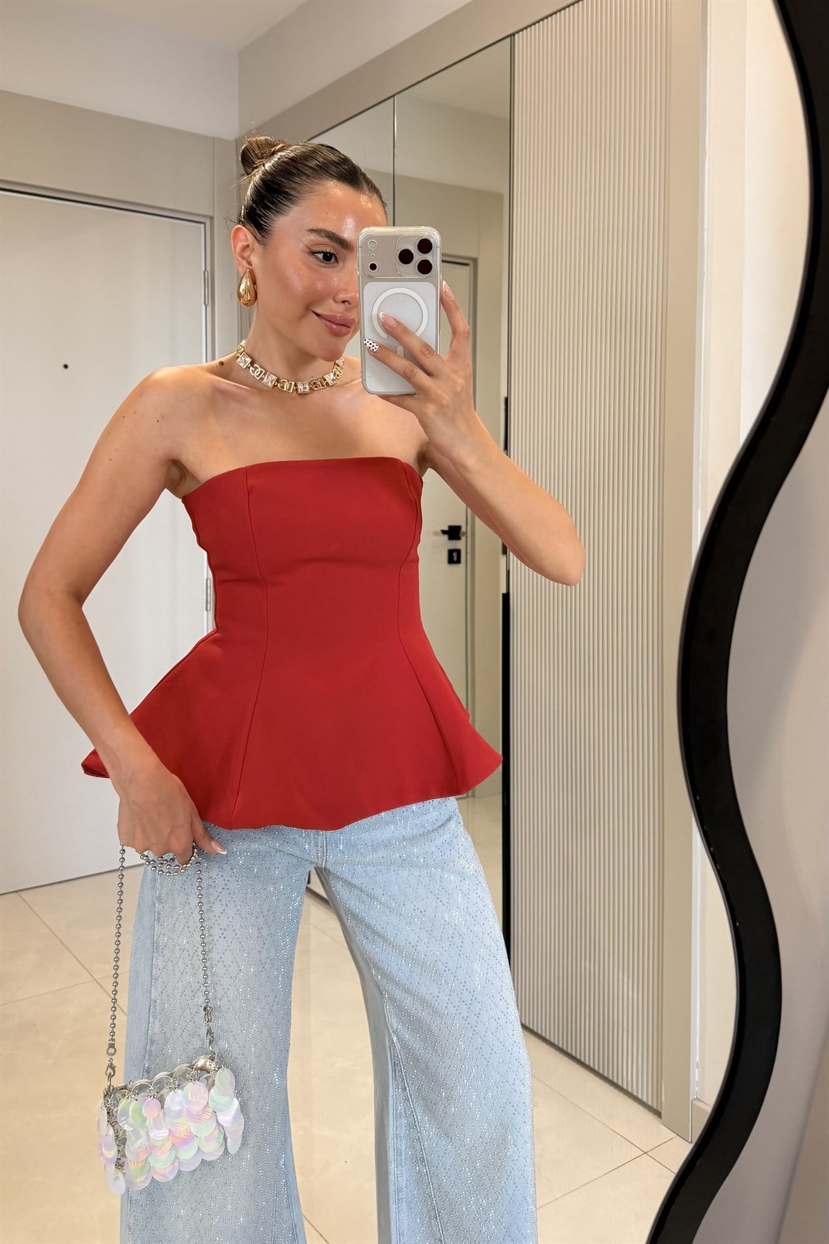 Federica Kırmızı Straplez Peplum Büstiyer