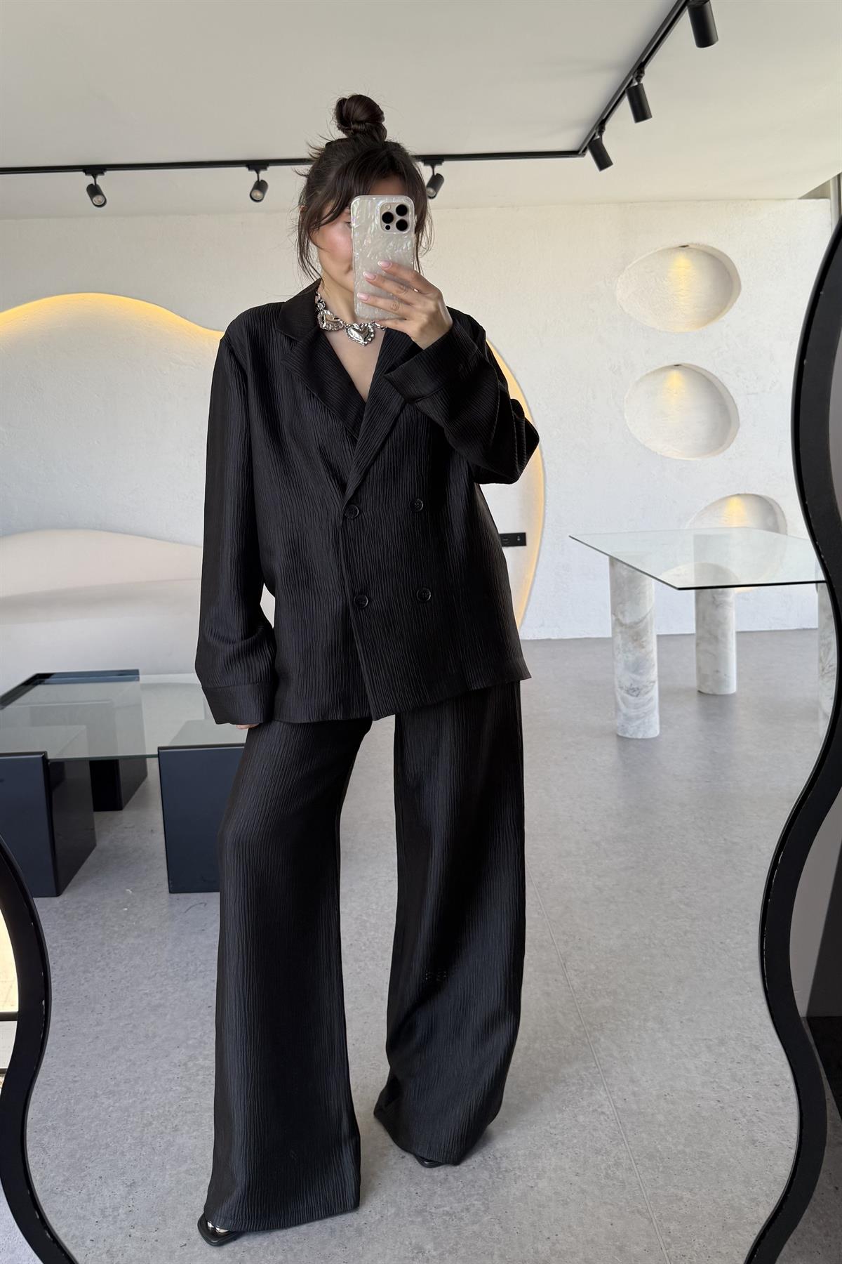 Federica Siyah Kırışık Kumaş Premium Blazer