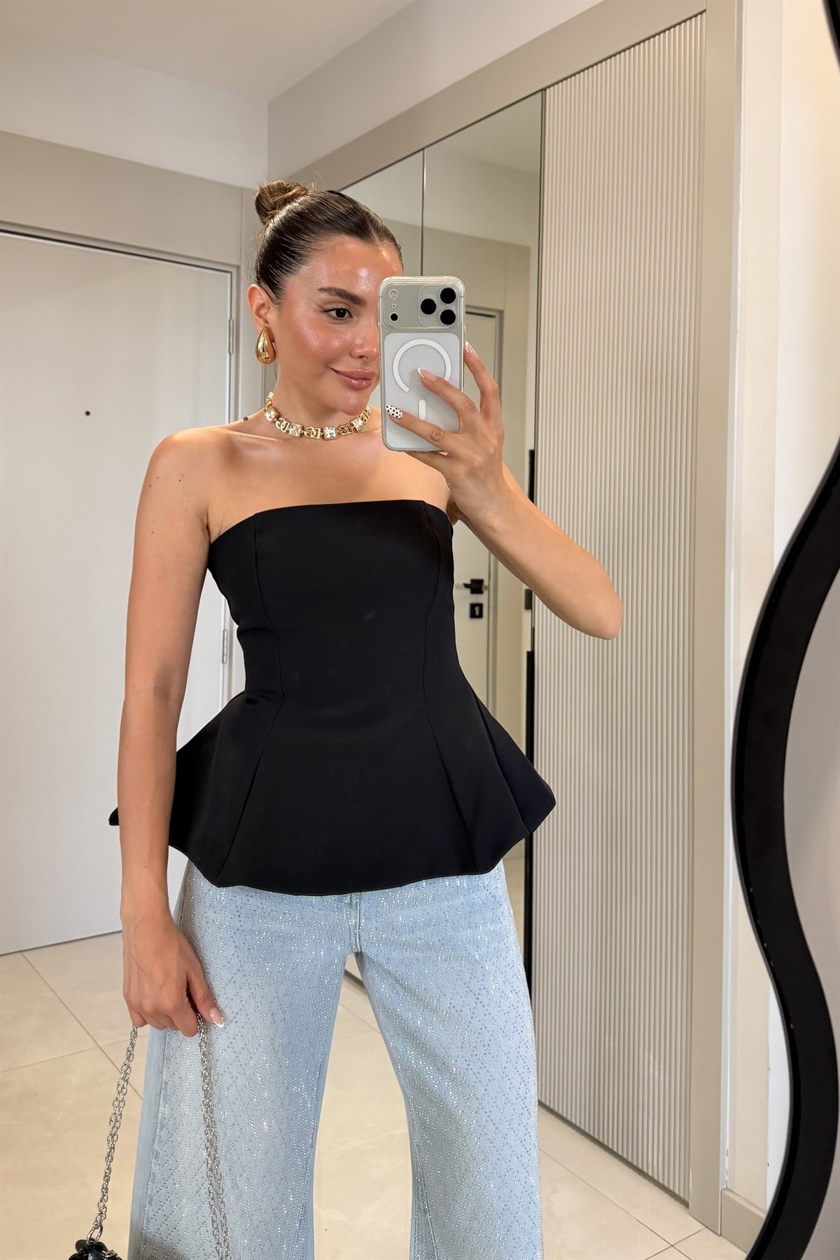 Federica Siyah Straplez Peplum Büstiyer