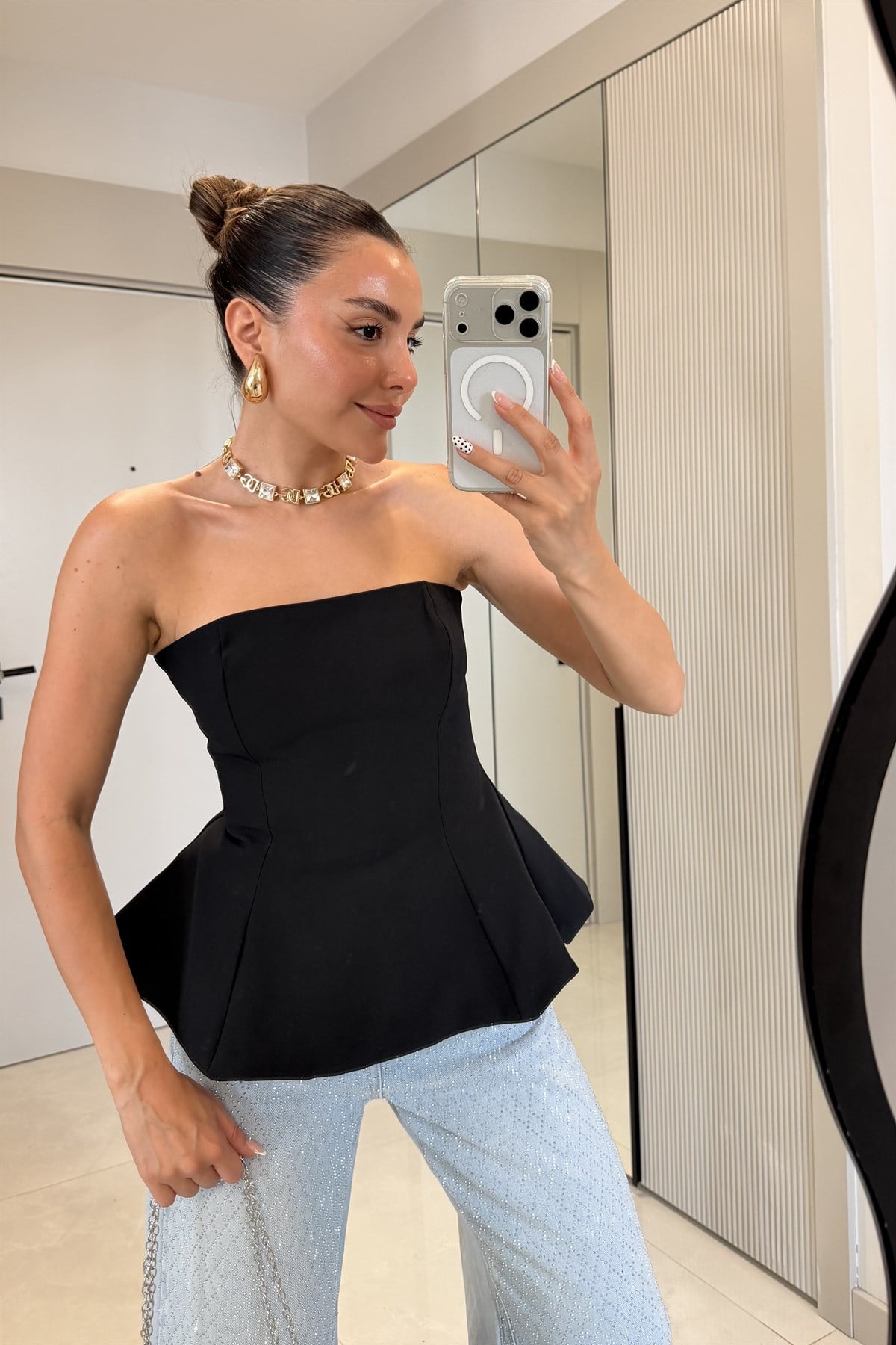 Federica Siyah Straplez Peplum Büstiyer