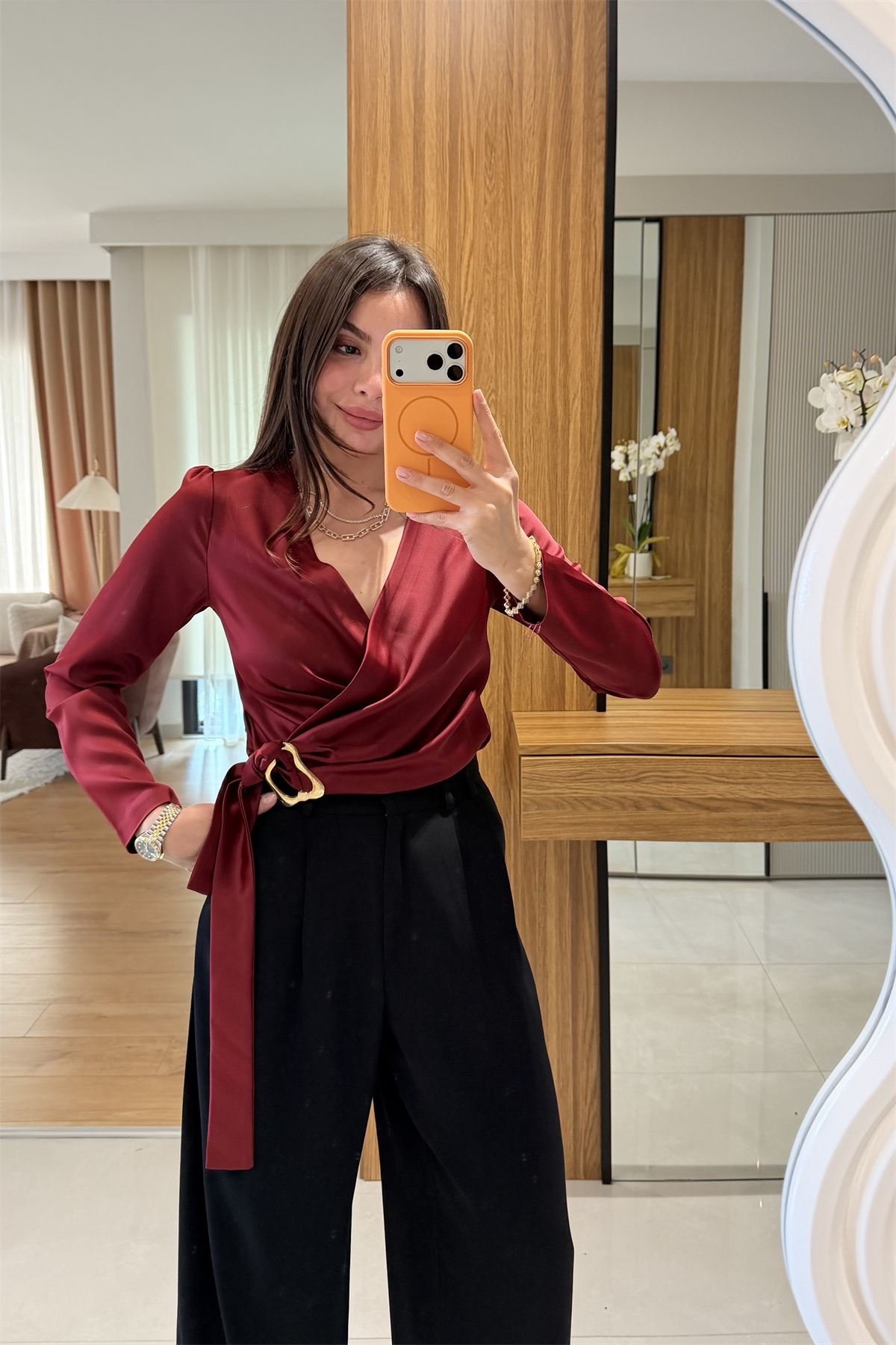 Felice Bordo Tokalı Saten Gömlek