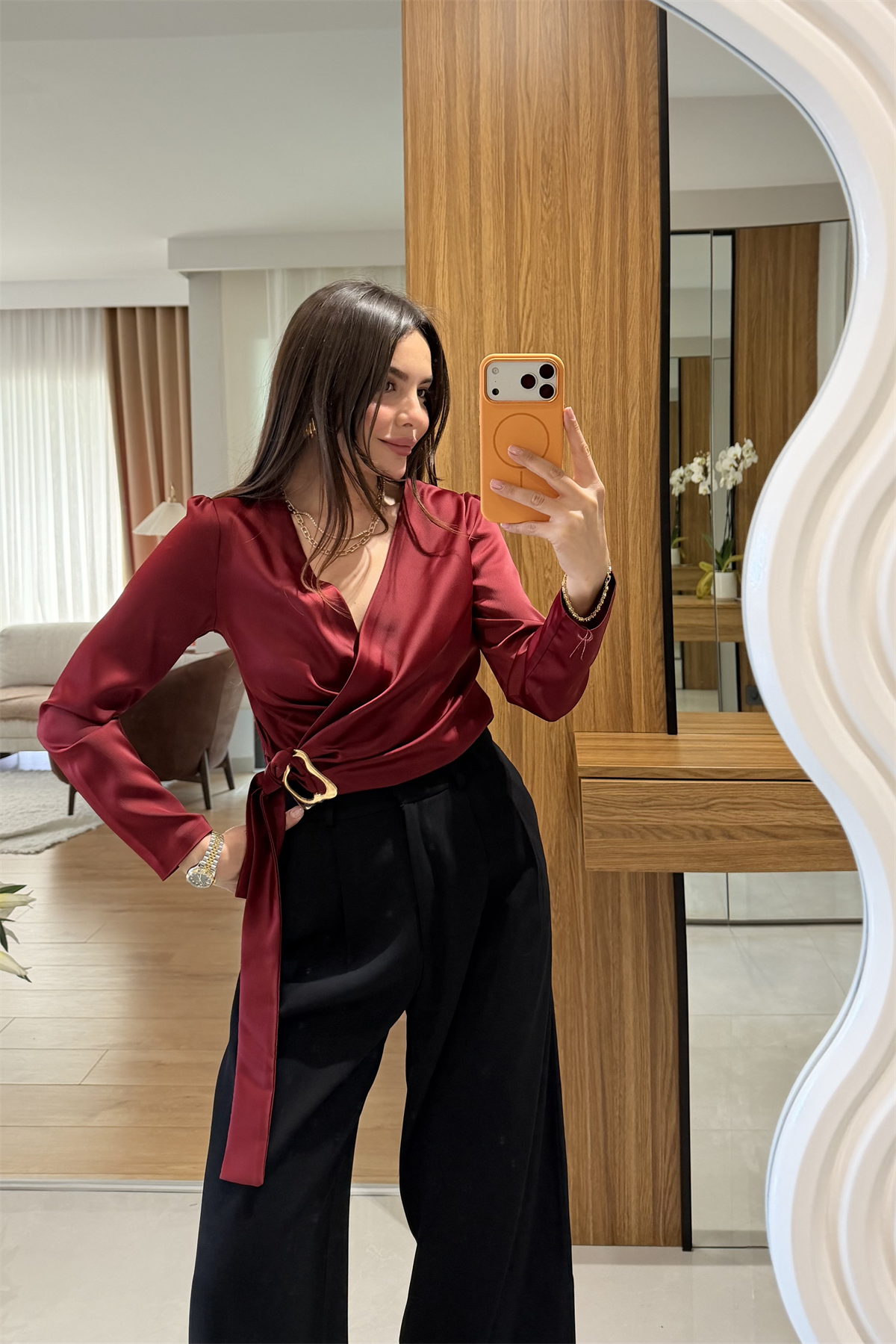 Felice Bordo Tokalı Saten Gömlek