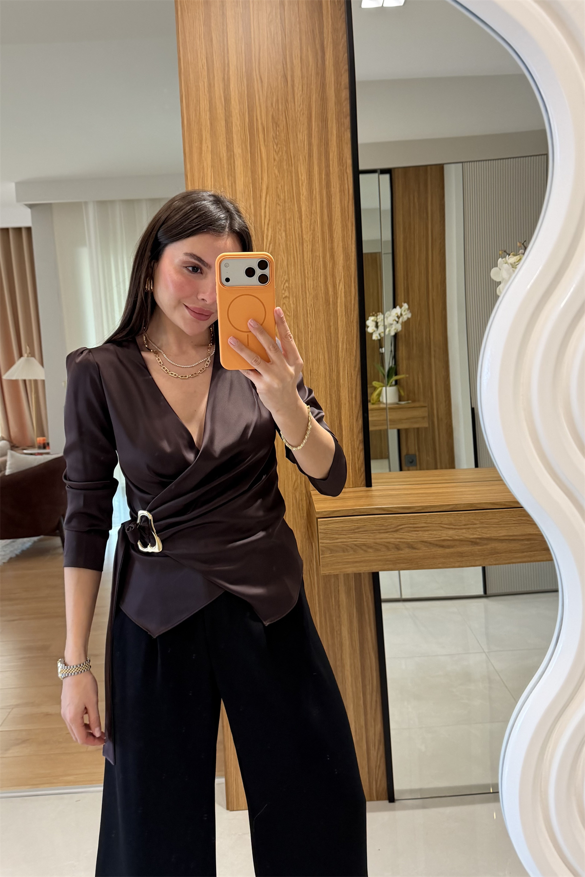 Felice Kahve Tokalı Saten Gömlek