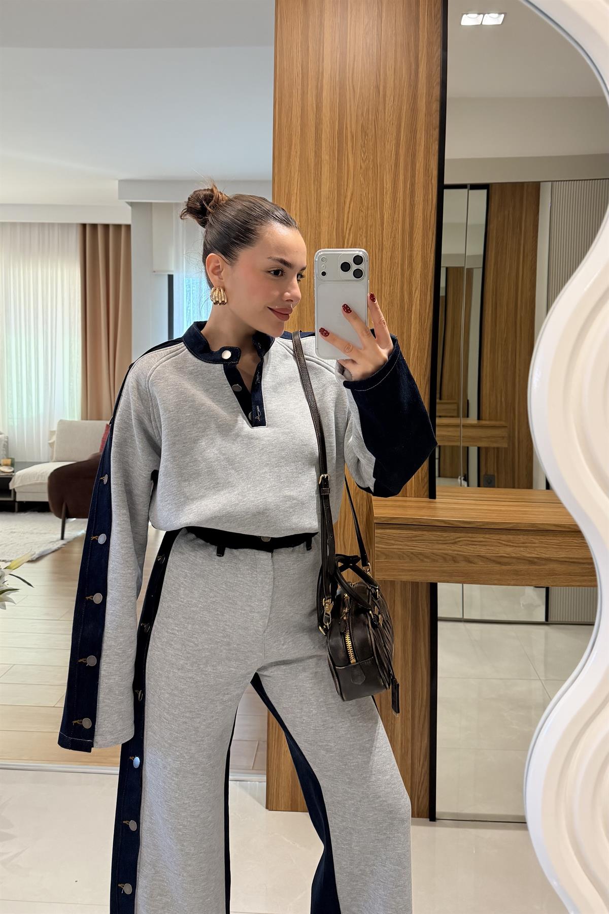 Felicity Gri Kot Karışımlı Şardonlu Takım