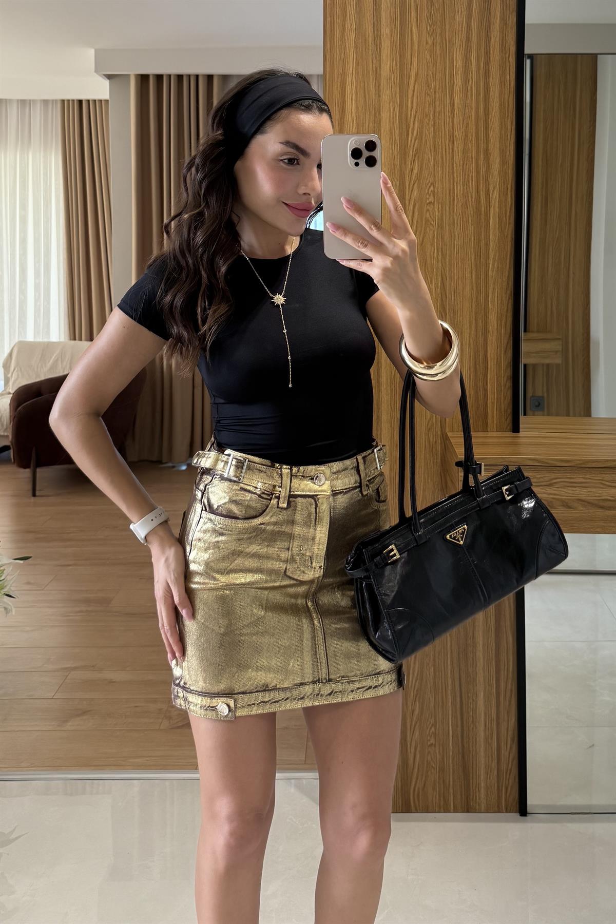 Felina Siyah Yarım Kollu Slim Basic Crop 