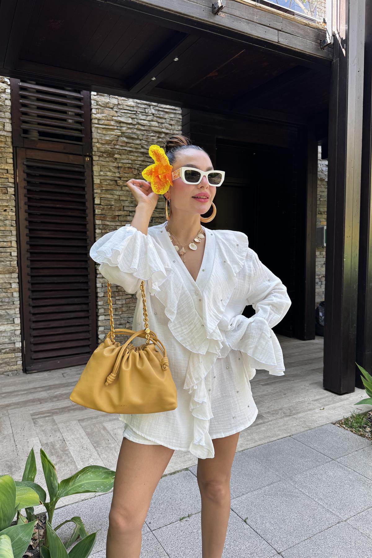 Felisya Beyaz Taşlı Fırfırlı Takım 