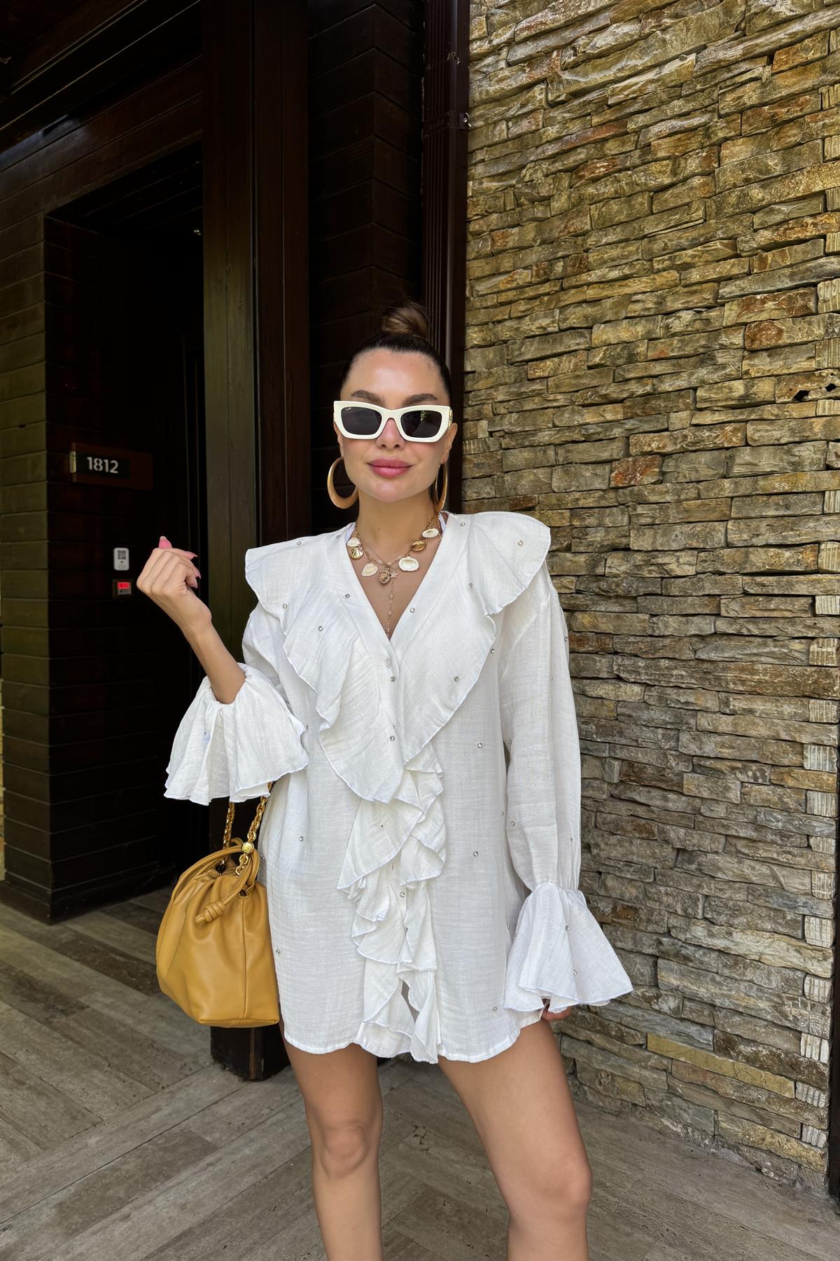 Felisya Beyaz Taşlı Fırfırlı Takım 