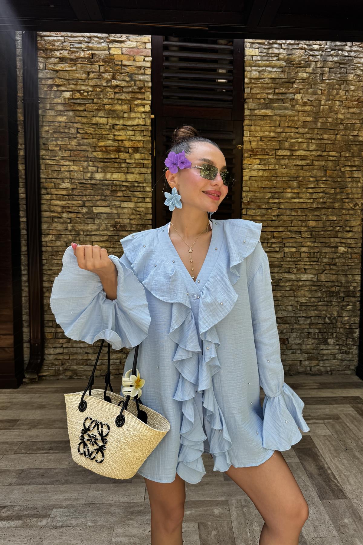 Felisya Mavi Taşlı Fırfırlı Takım 