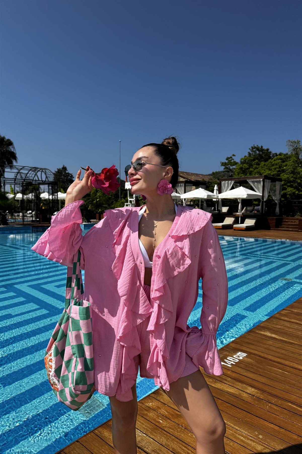 Felisya Pembe Taşlı Fırfırlı Takım 