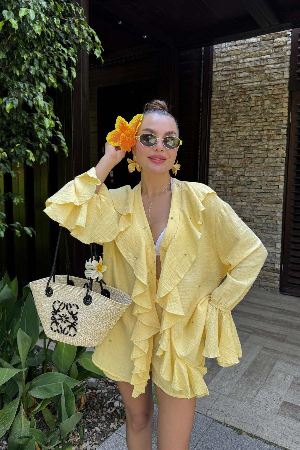 Felisya Sarı Taşlı Fırfırlı Takım 