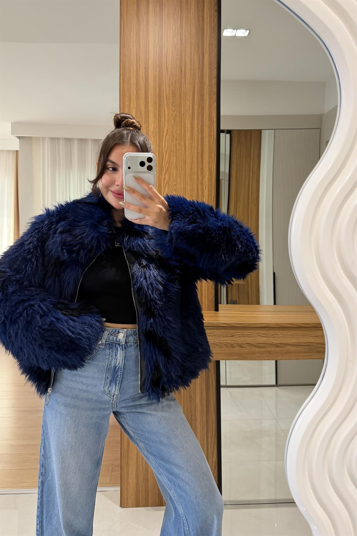 Fendy Lacivert Fermuarlı Kürk