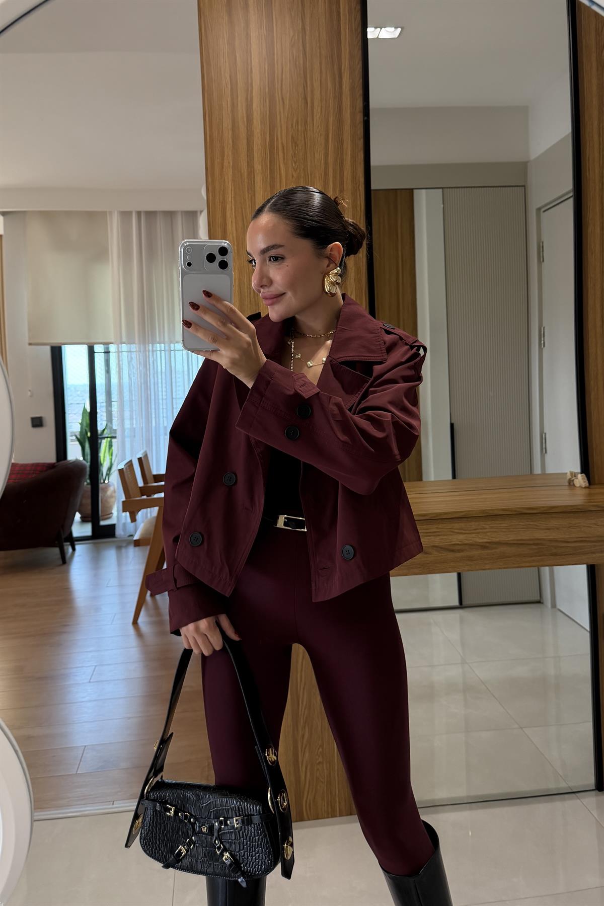 Finex Bordo Kısa Boy Trençkot