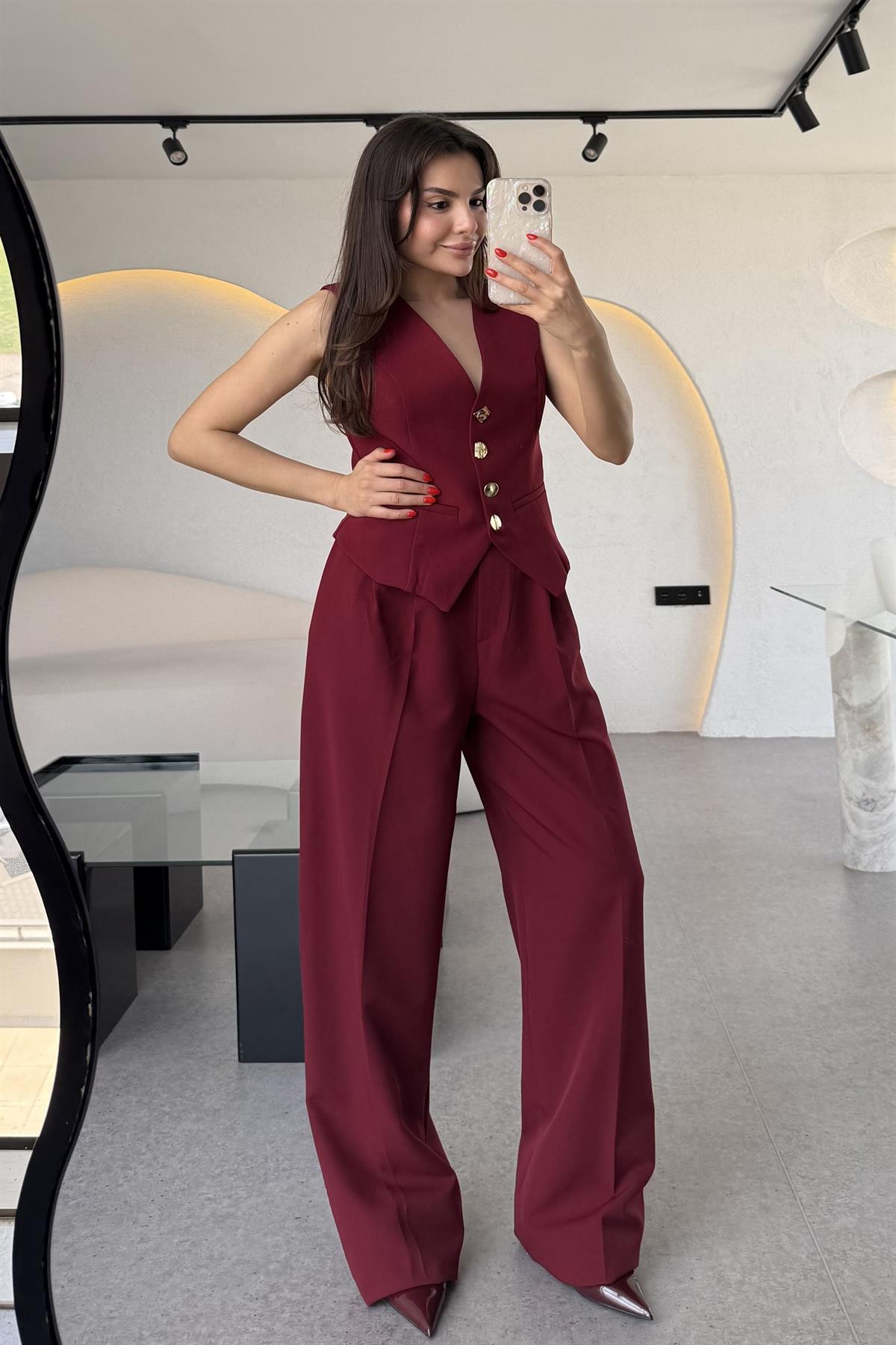 Fiona Bordo Yelek Pantolon Premium Takım