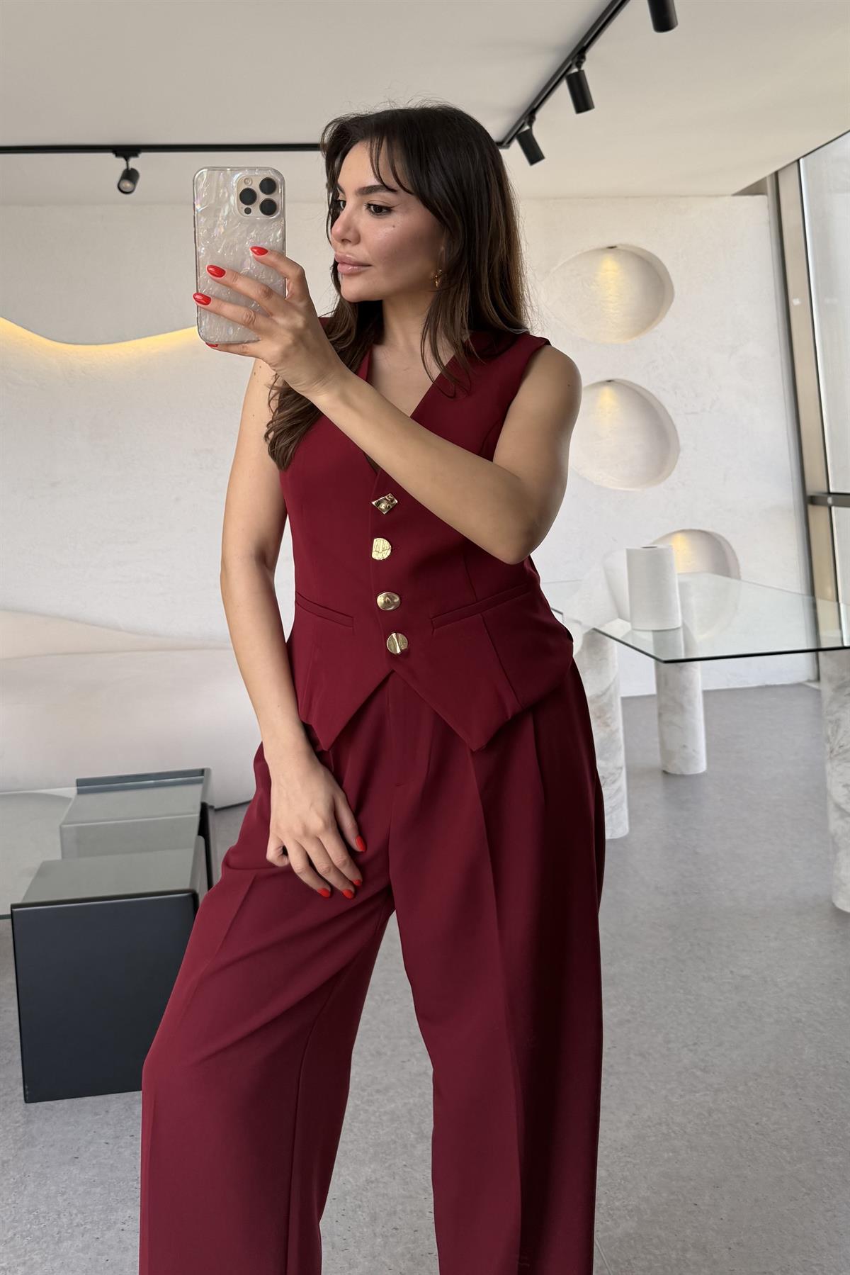 Fiona Bordo Yelek Pantolon Premium Takım