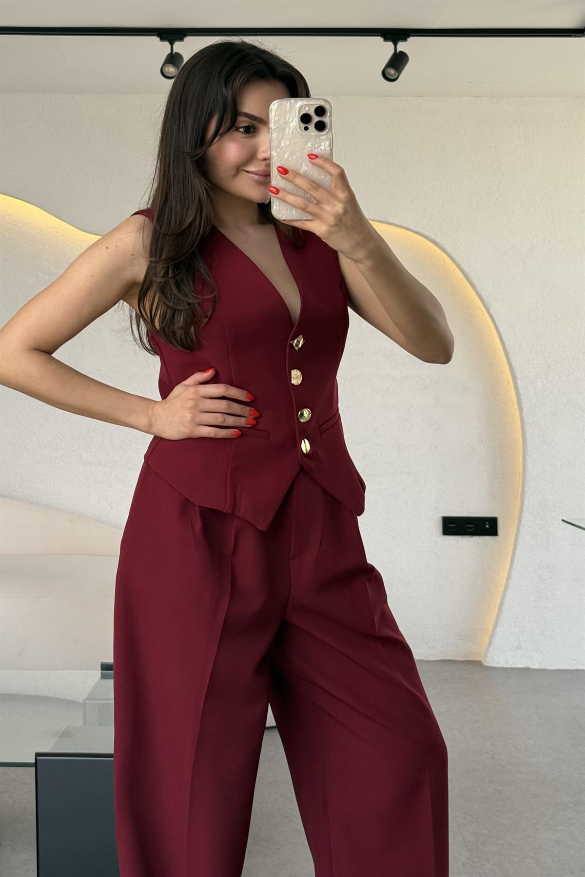 Fiona Bordo Yelek Pantolon Premium Takım