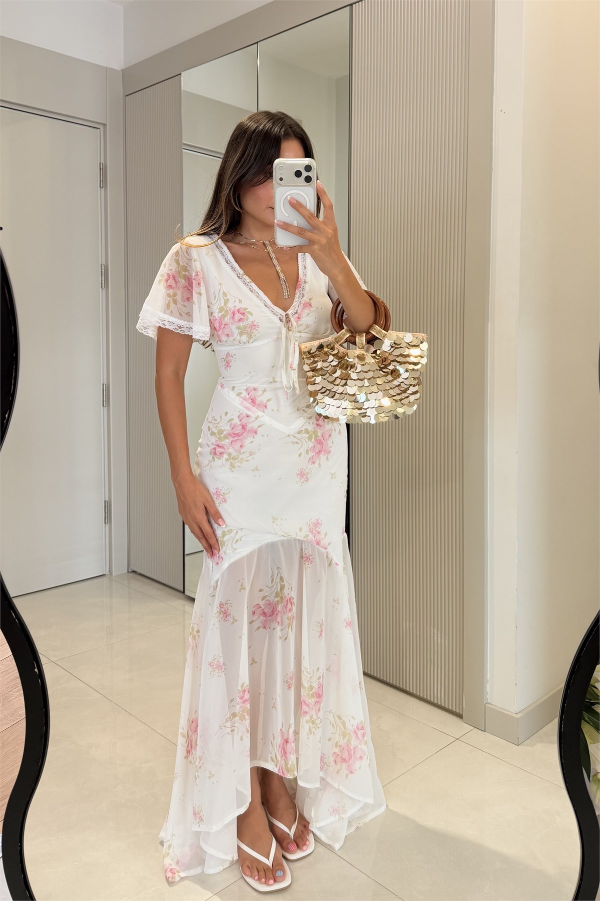 Fiorella Çiçek Desenli Asimetrik Şifon Elbise