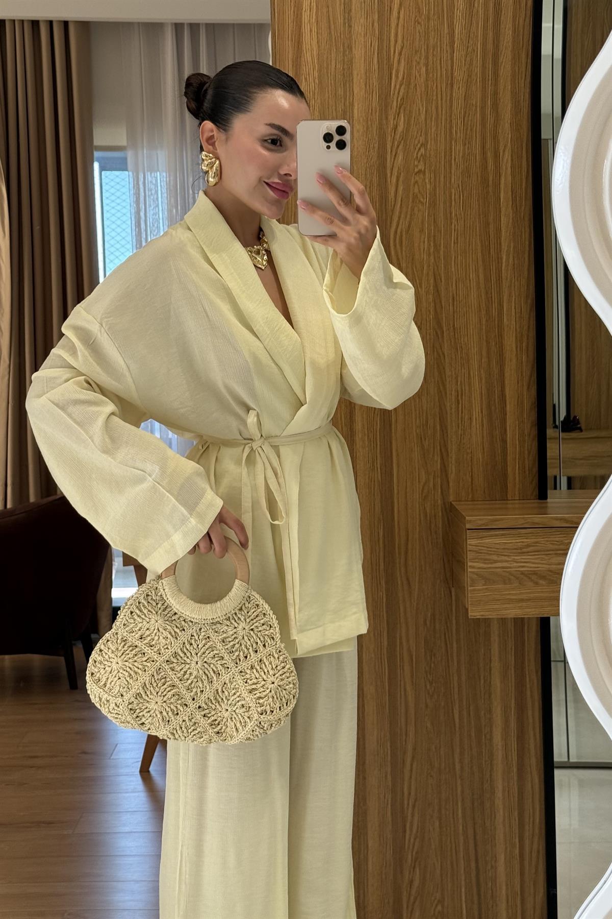 Fioren Sarı Kimono Pantolon Kuşaklı Takım