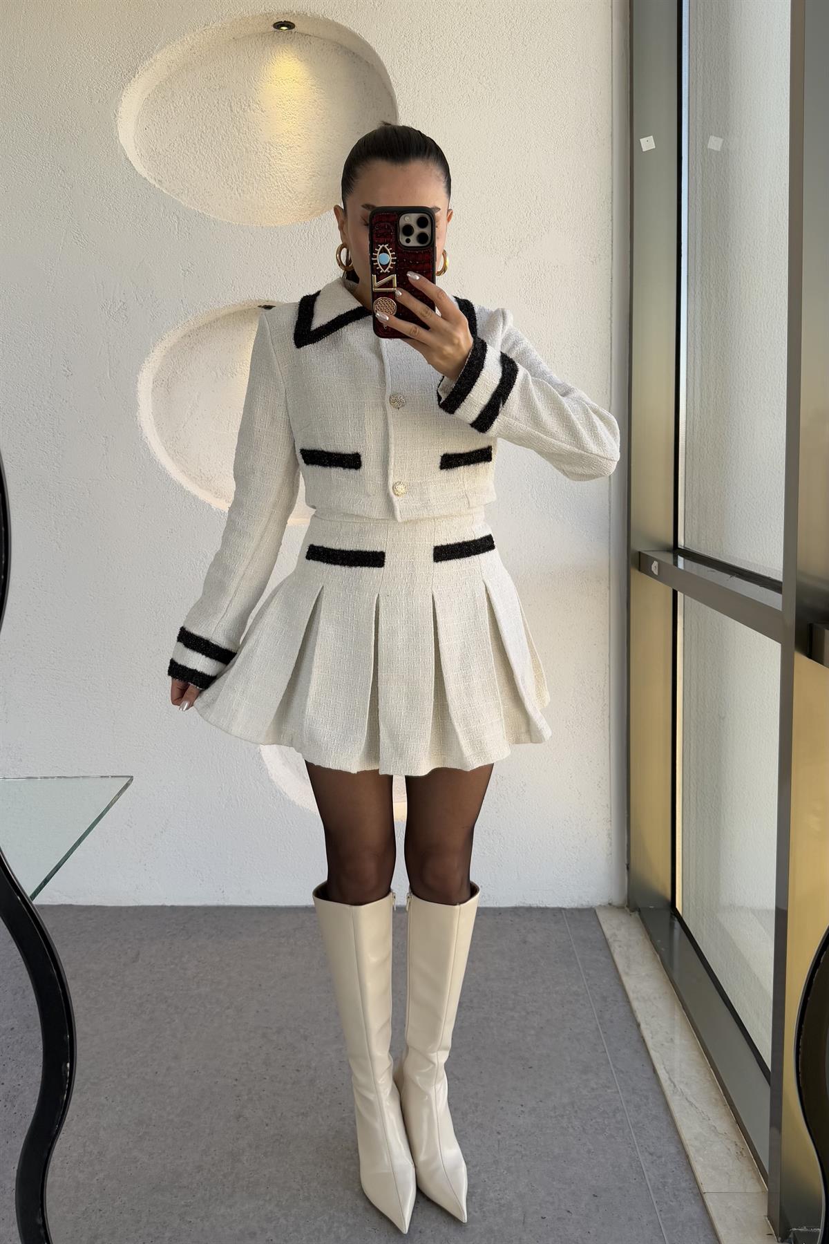 Flamengo Ekru Ceket Piliseli Mini Etek Takım 