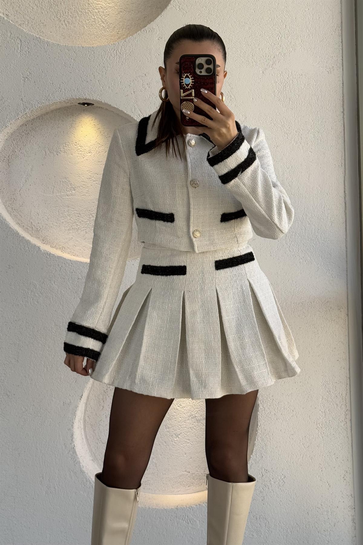 Flamengo Ekru Ceket Piliseli Mini Etek Takım 