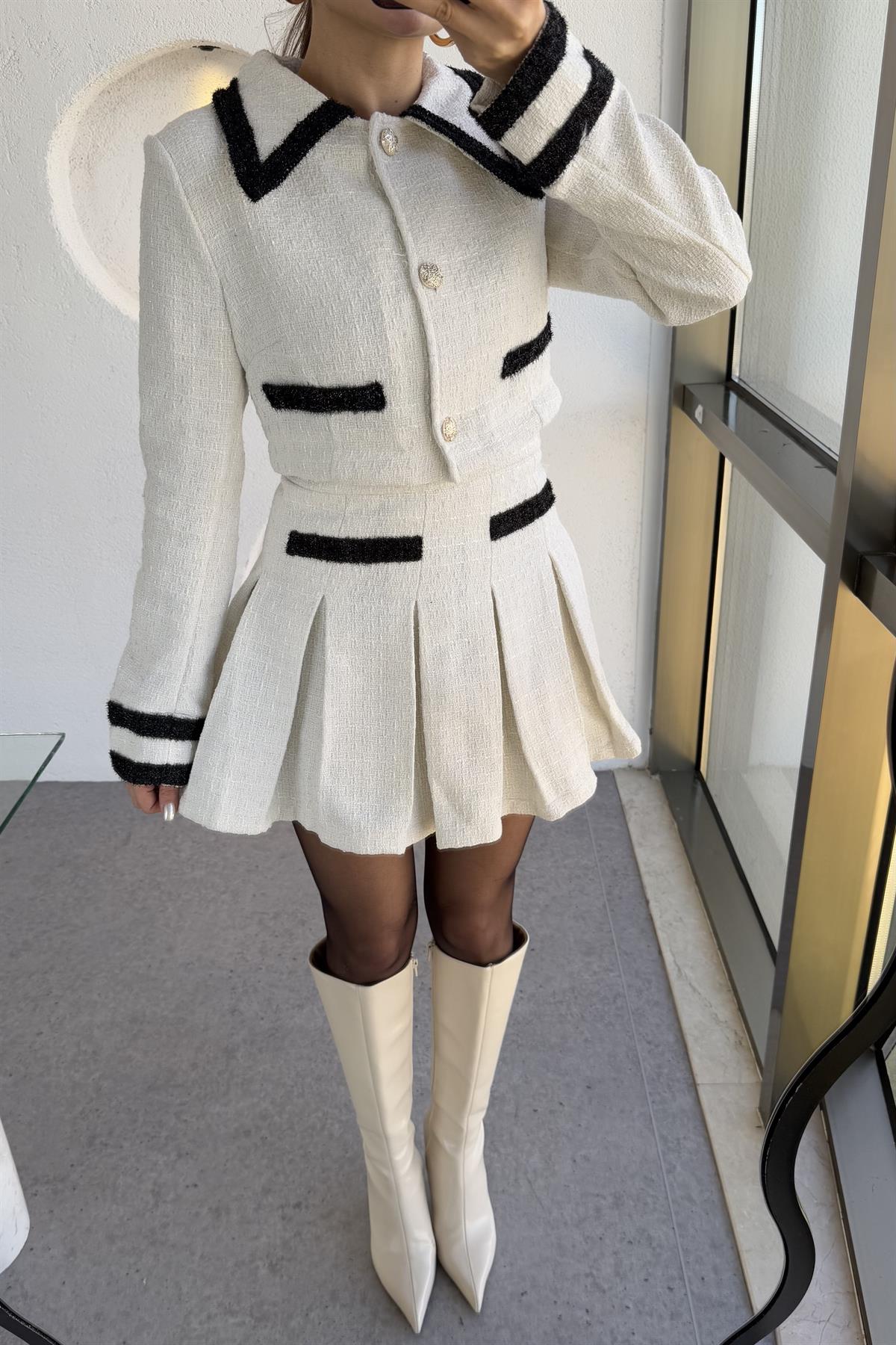 Flamengo Ekru Ceket Piliseli Mini Etek Takım 