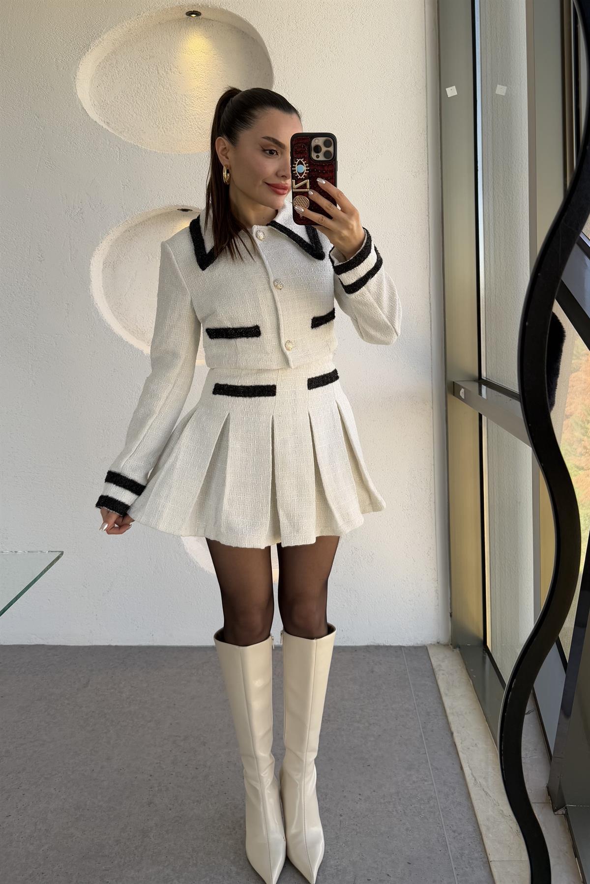 Flamengo Ekru Ceket Piliseli Mini Etek Takım 