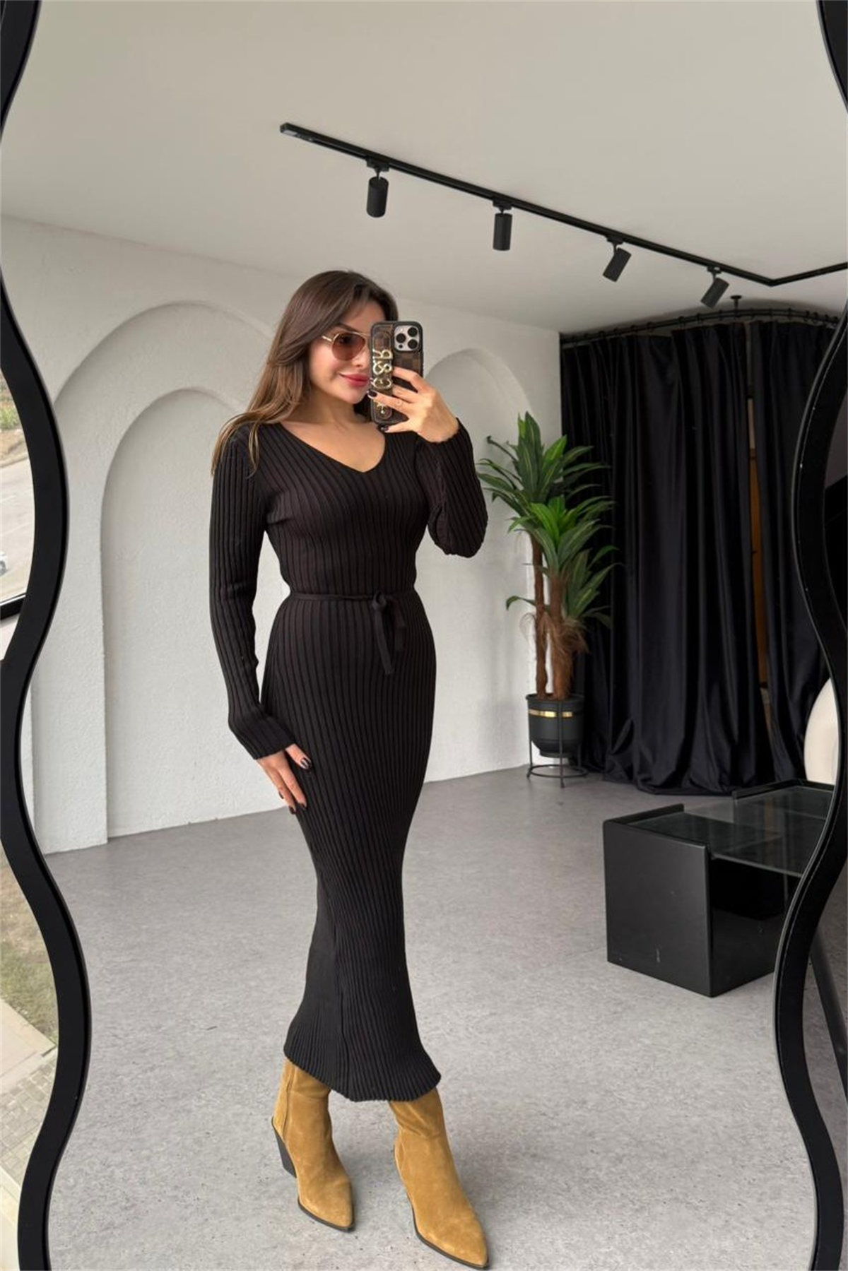 Flara Siyah Fitilli Bel Kuşaklı Elbise