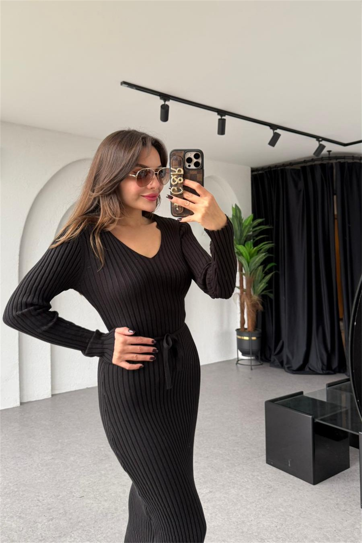 Flara Siyah Fitilli Bel Kuşaklı Elbise