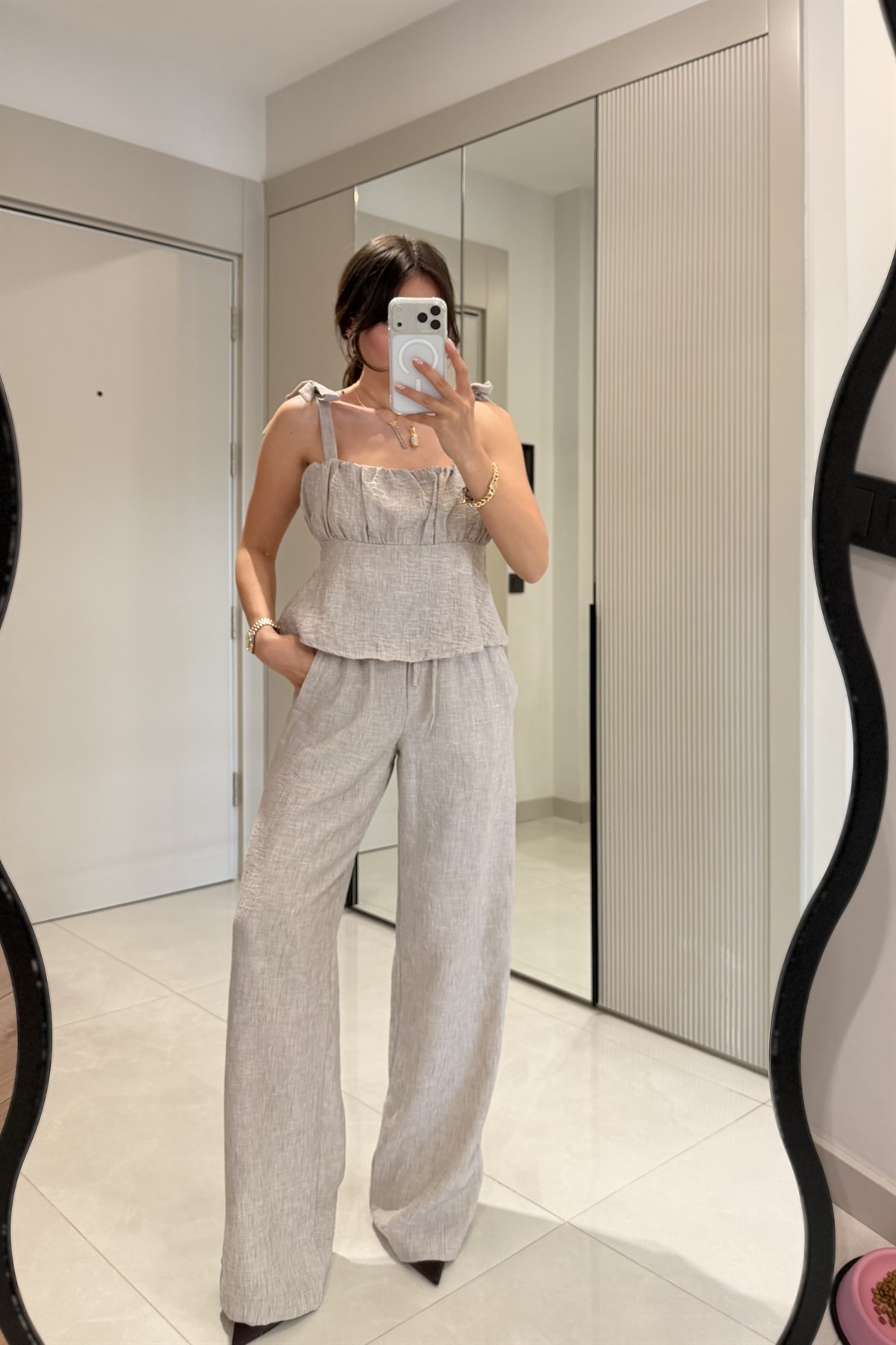 Flemen Taş Keten Bluz Pantolon Takım