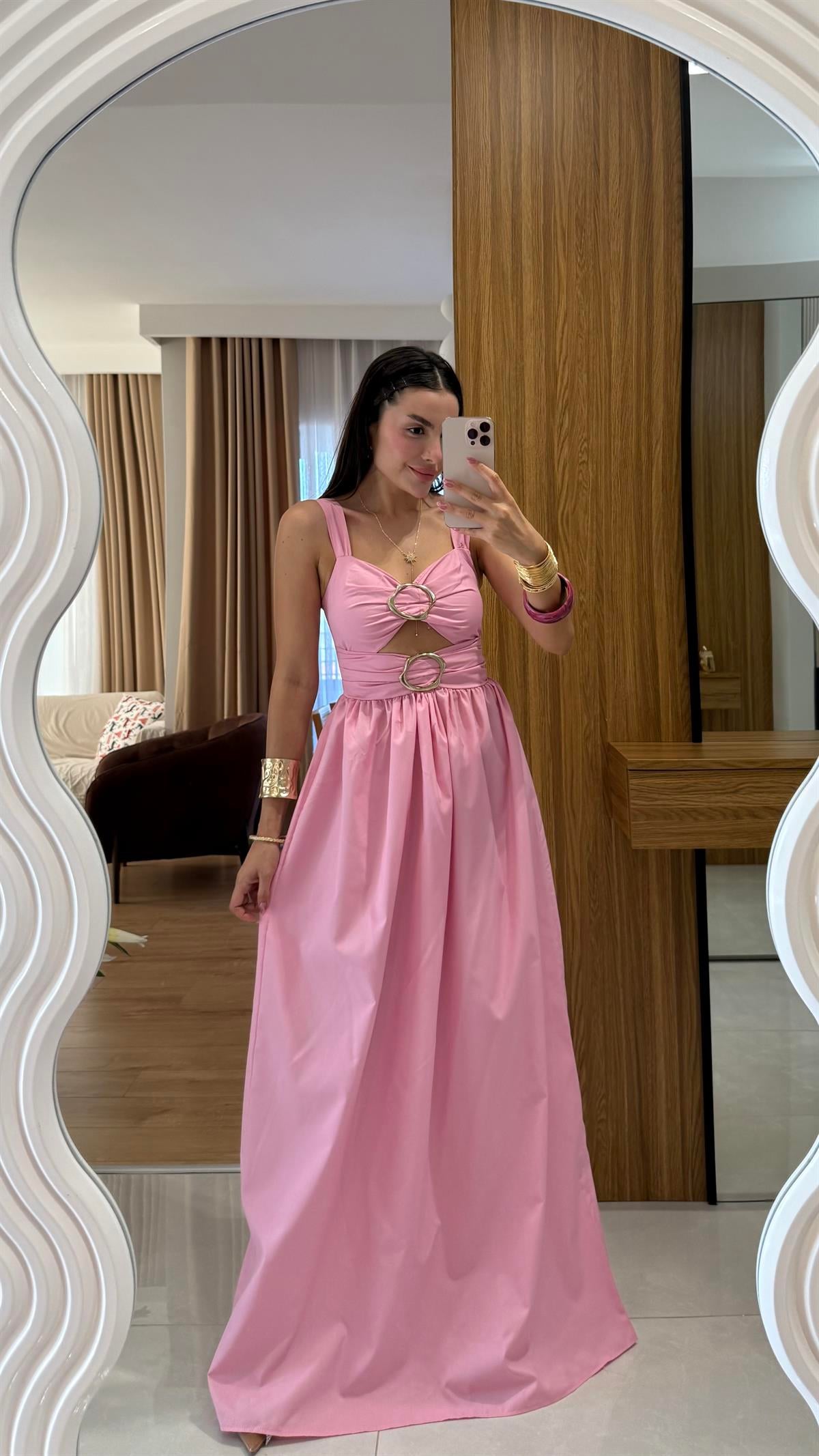 Fleur Aksesuarlı Pembe Elbise