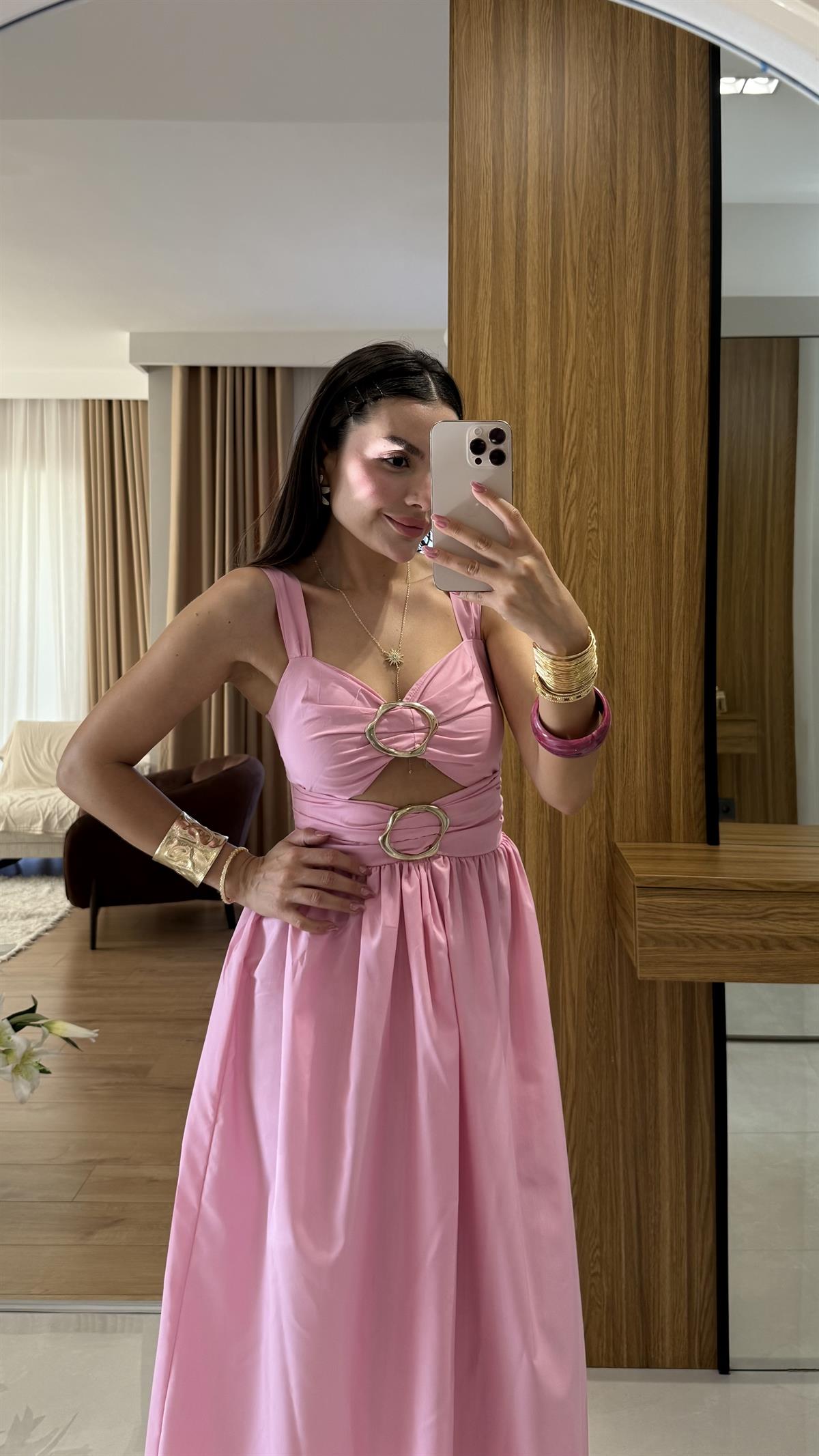 Fleur Aksesuarlı Pembe Elbise