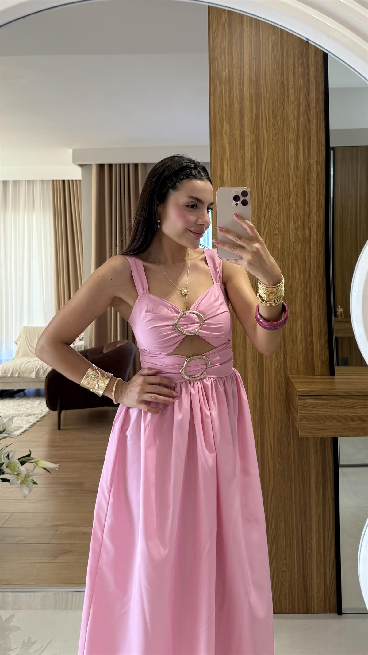 Fleur Aksesuarlı Pembe Elbise